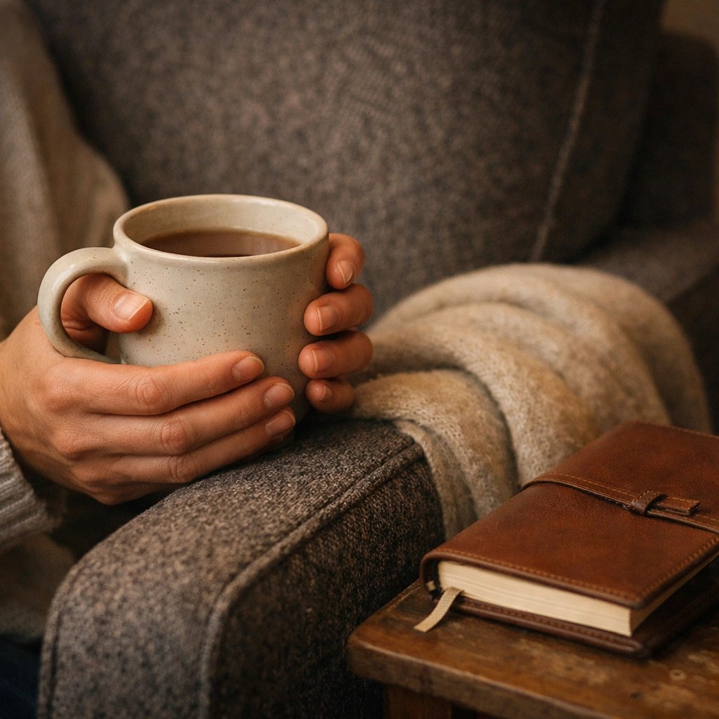 A person relaxing with a mug, enjoying the peace of mind provided by a secure debt payoff strategy.