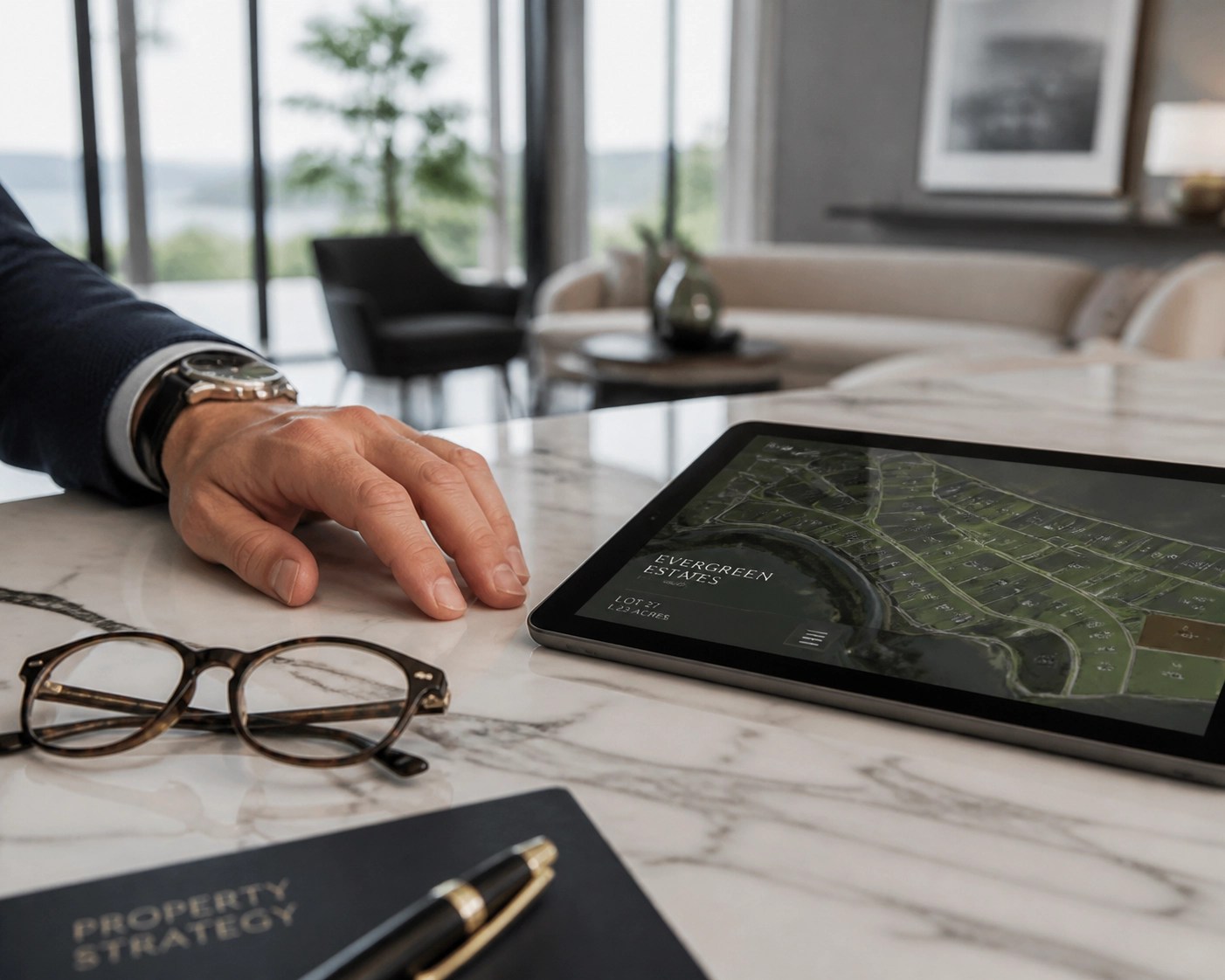 Professional real estate investment analysis and property valuation on a tablet.