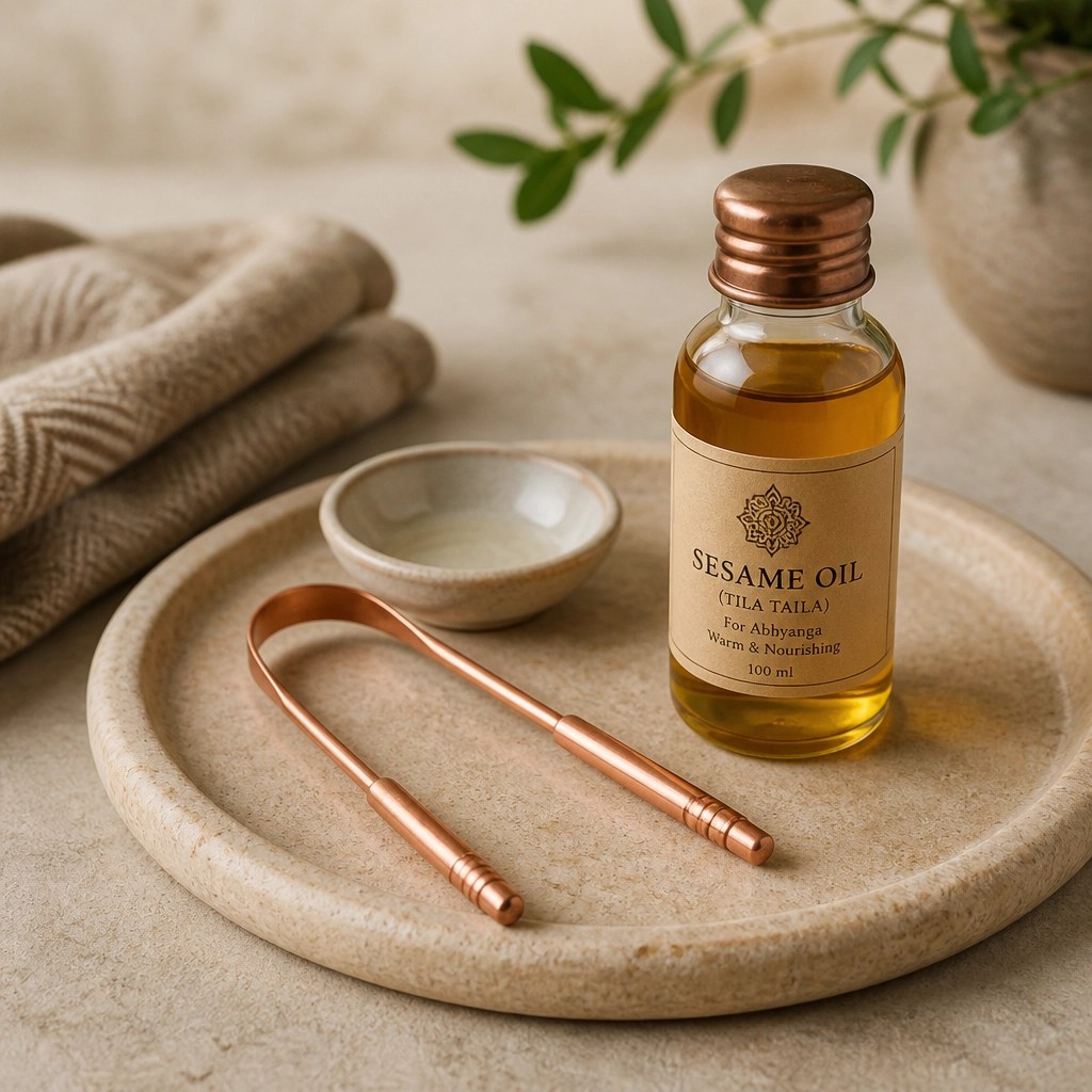 Traditional Ayurvedic ritual tools including a copper tongue scraper and warm sesame oil on a stone tray.