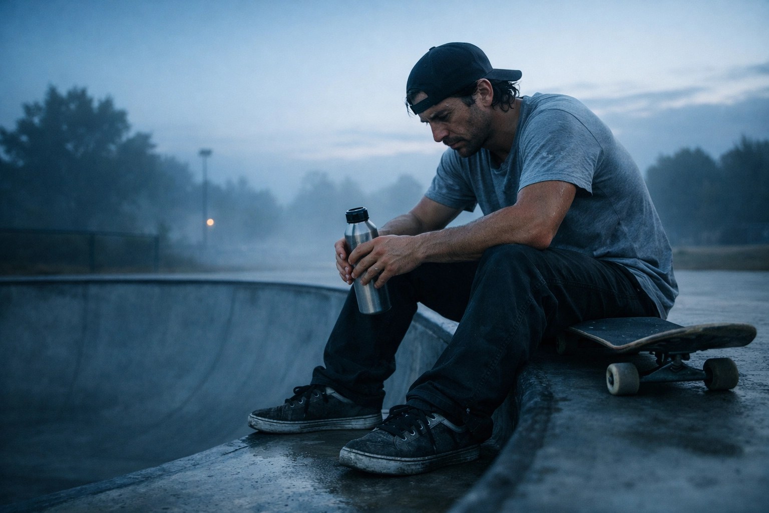 A professional skateboarder resting at a skatepark bowl, focusing on hydration and essential sports recovery.