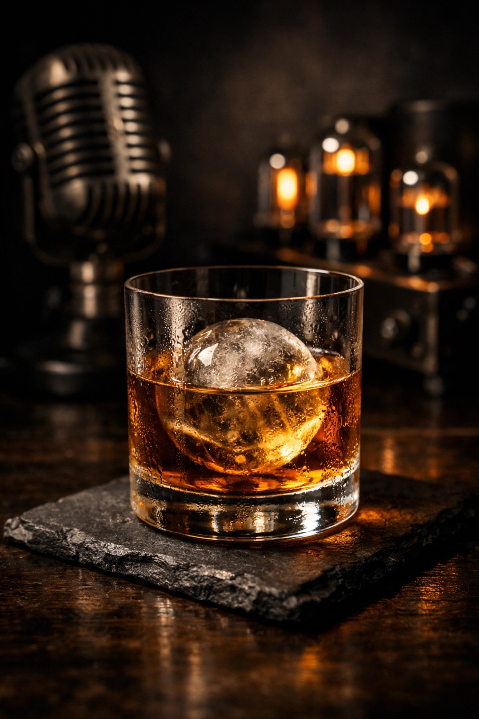 A glass of Japanese whisky on a slate coaster next to a vintage radio microphone in a moody studio setting.