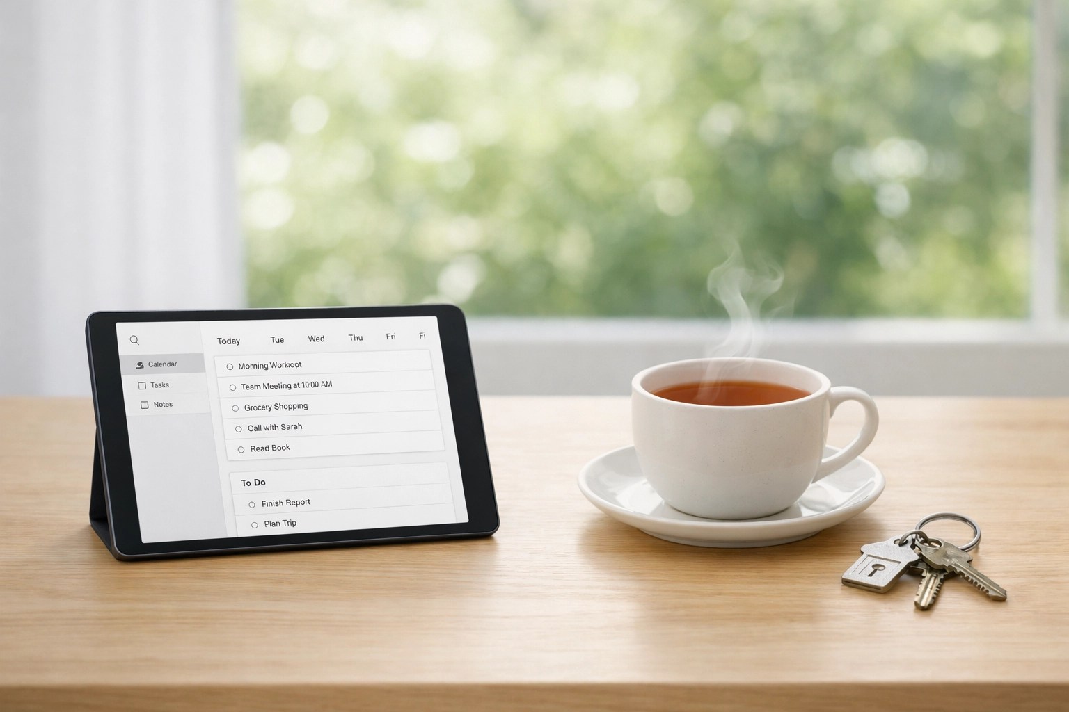 Digital tablet and keys arranged for easy, stress-free medical ride scheduling.