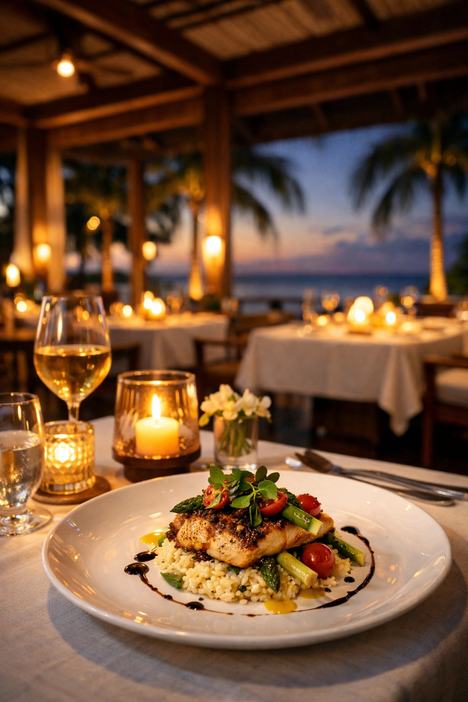 Elegant oceanfront restaurant with gourmet dining at Caribbean adults-only resort