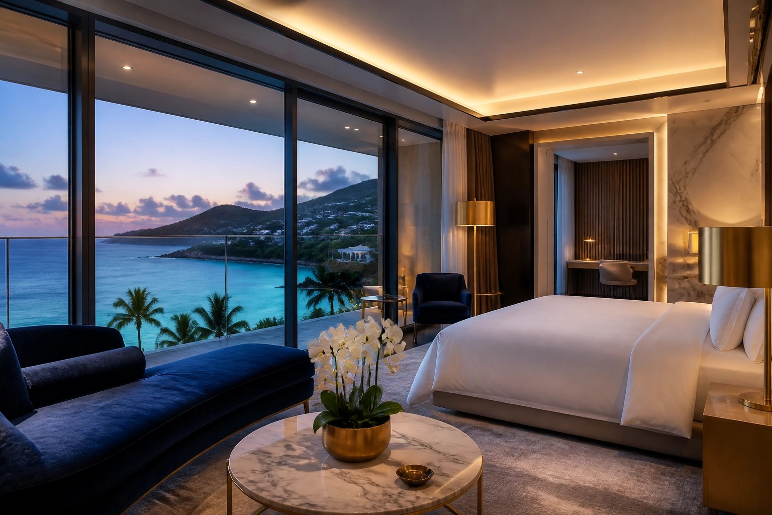 Modern luxury hotel suite featuring floor-to-ceiling windows overlooking a tropical coastline at twilight.