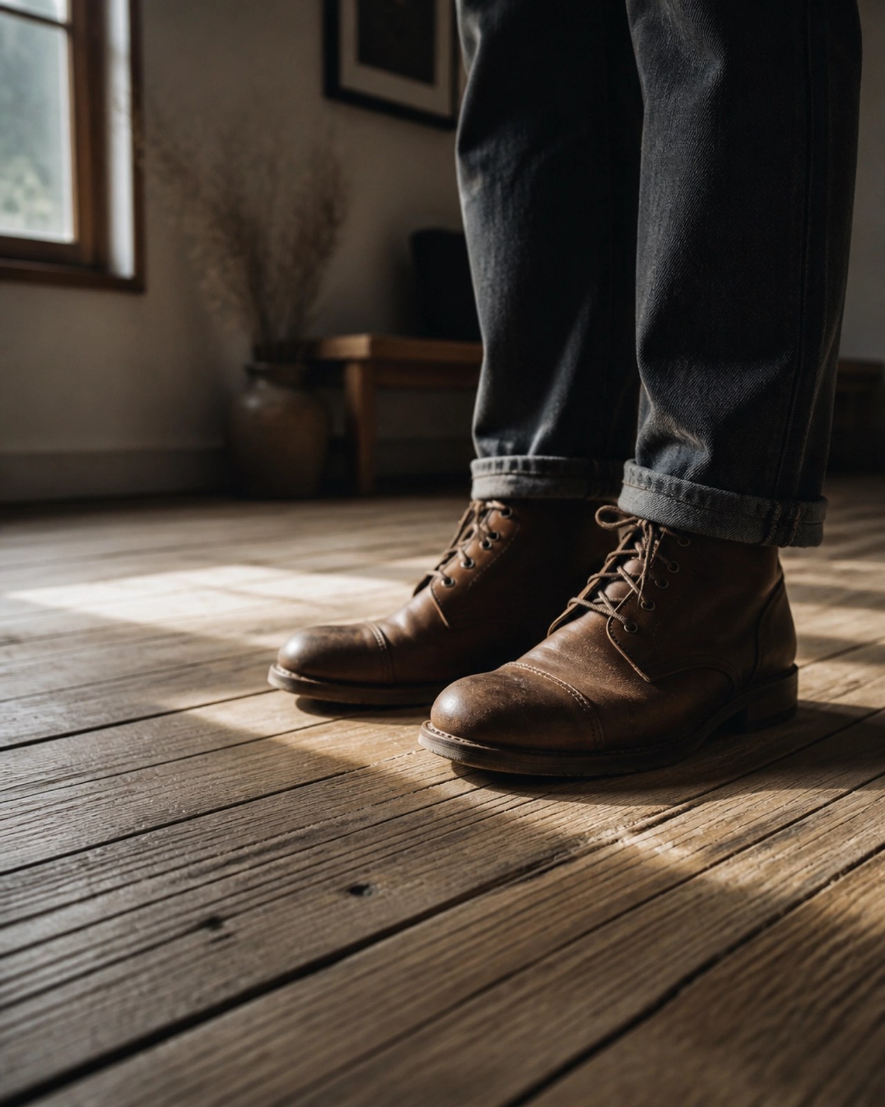 A low-angle shot of leather boots on a wooden floor, emphasizing the physical connection to the ground and the feeling of being anchored.