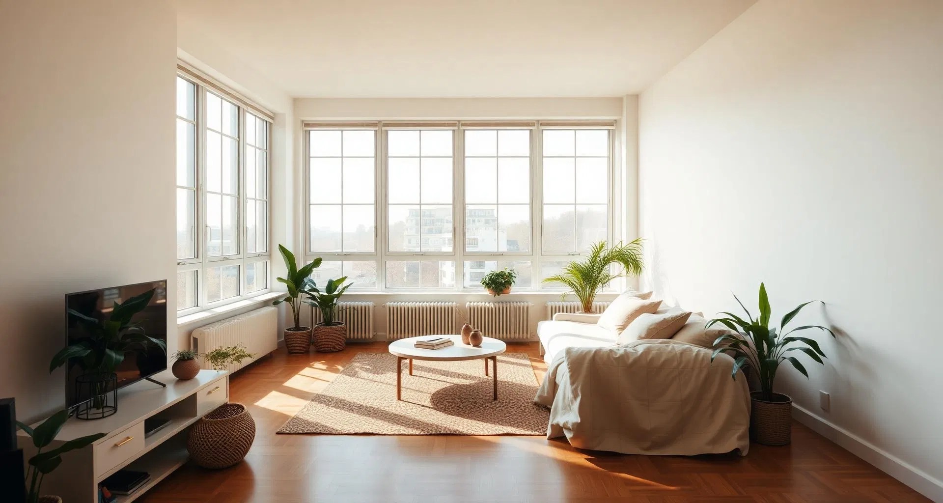 A clean, modern living room with hardwood floors and natural light, showcasing the premium standard of homes shared through Aabacus.