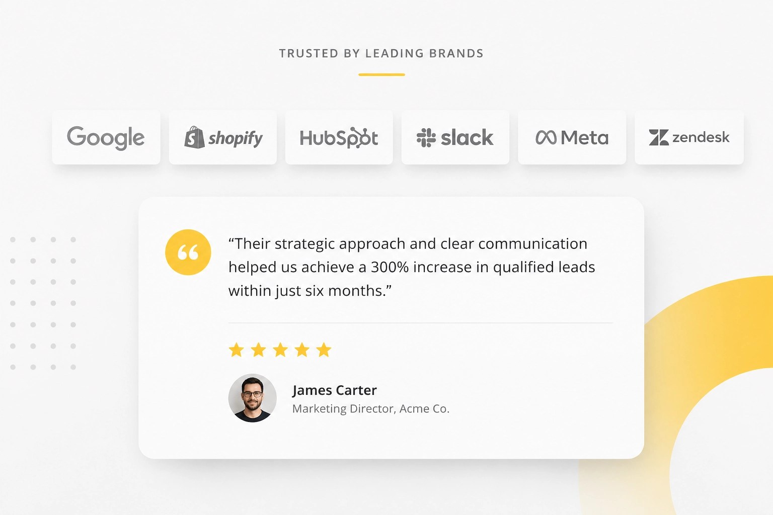 Social proof elements including client logos and testimonials