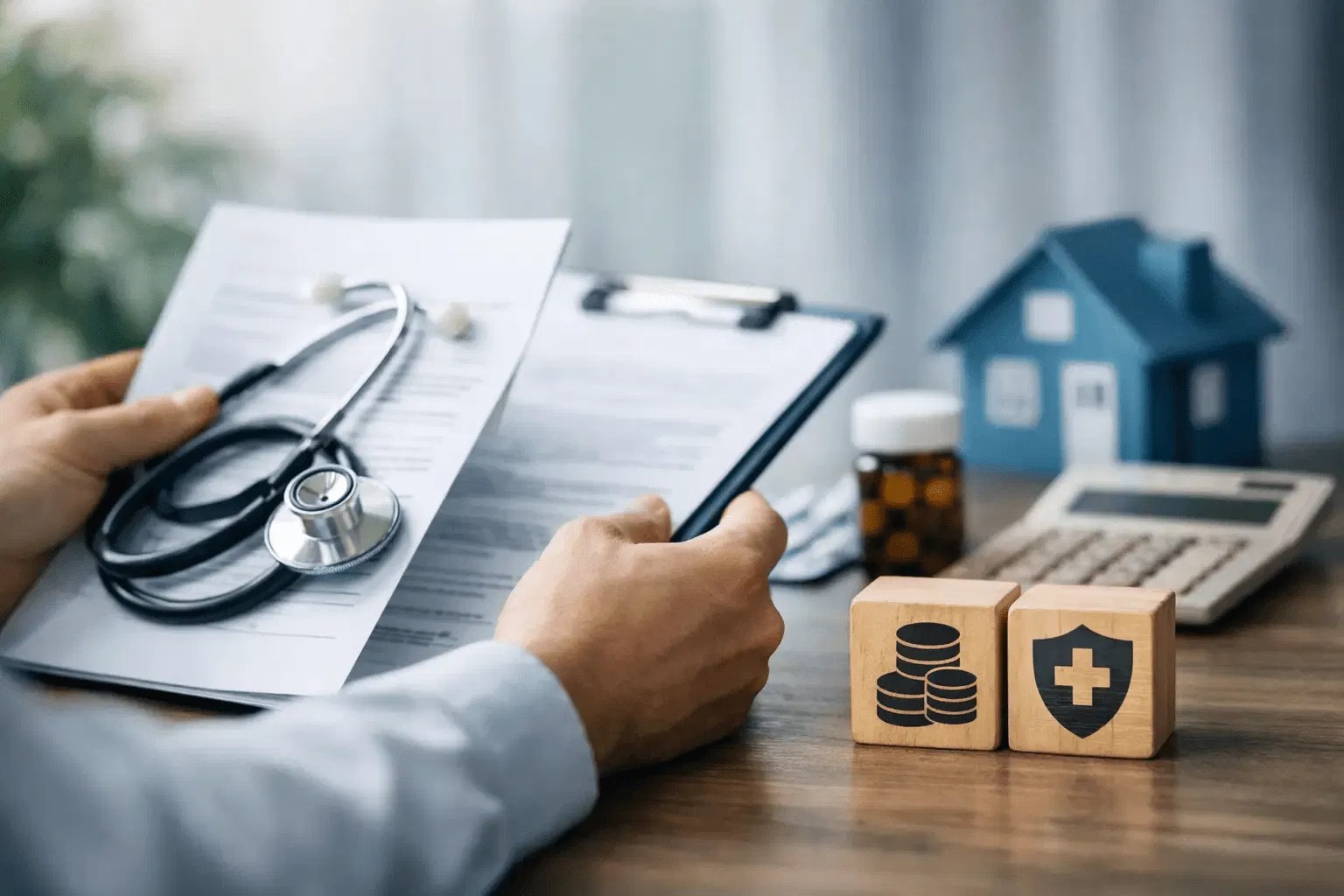 A professional reviewing medical documents and financial security symbols to craft a budget-friendly strategy.