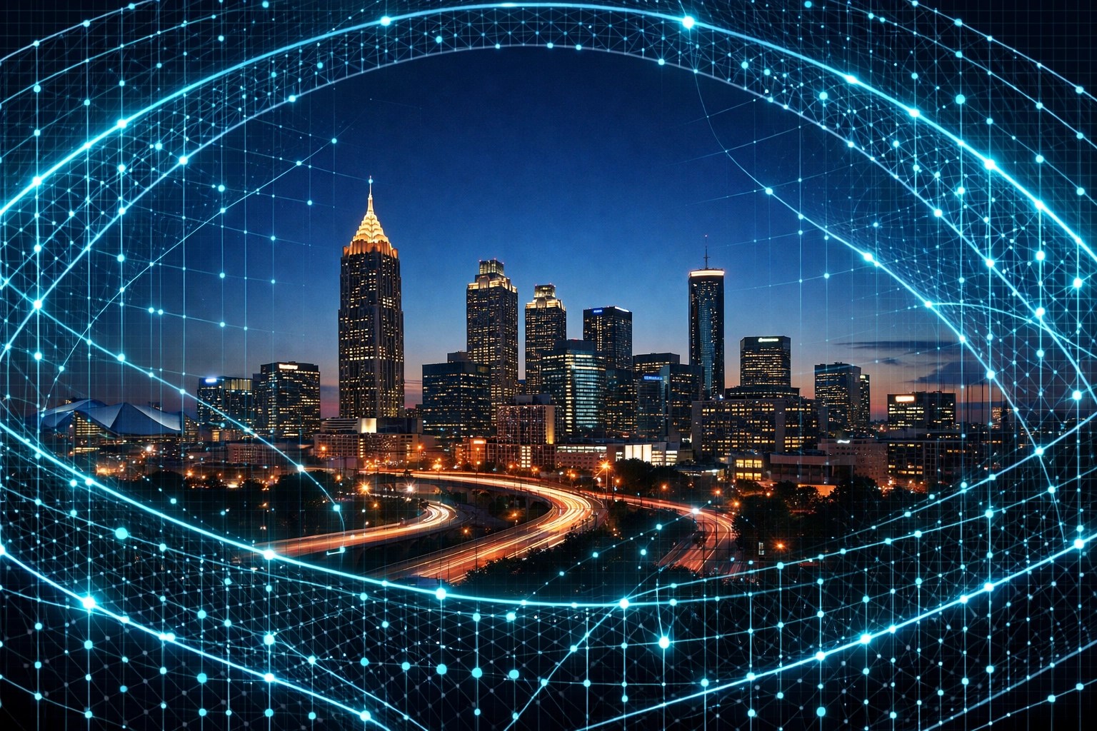 Atlanta skyline behind a digital shield, representing cyber insurance and data protection for businesses
