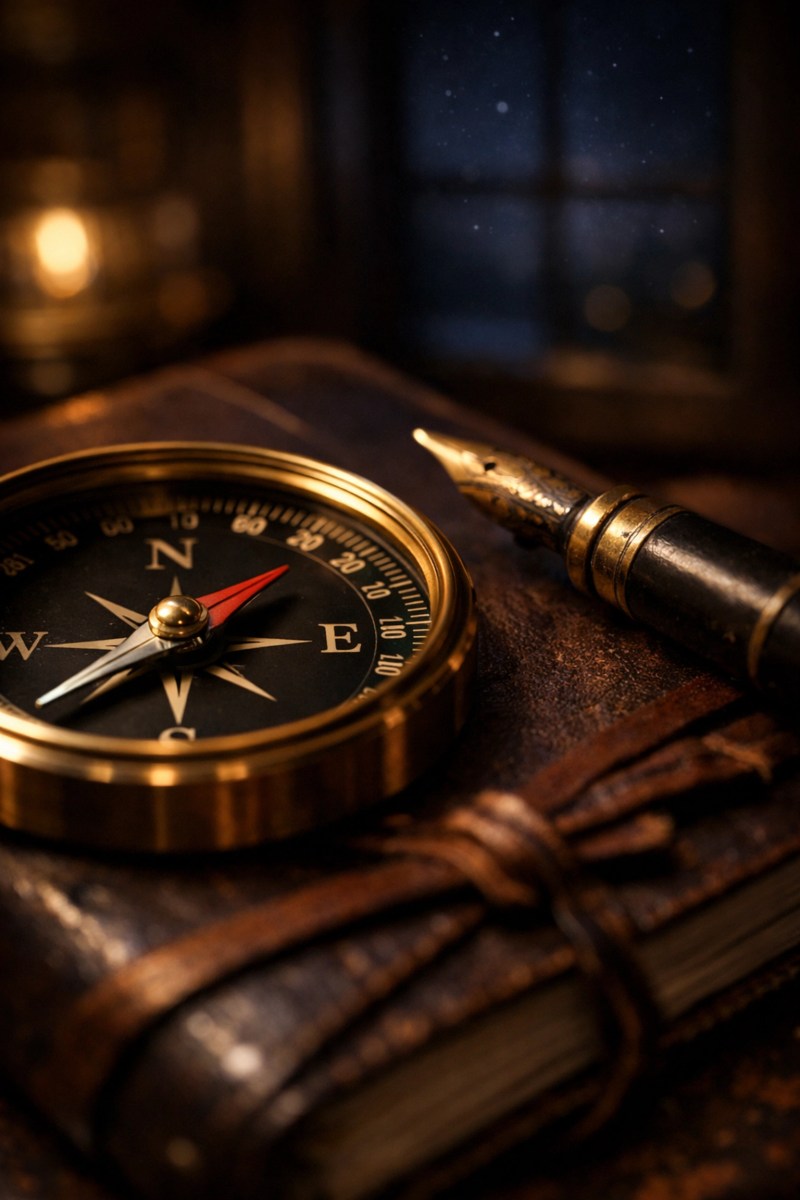 Compass and journal on a dark desk, representing the curated travel journeys designed by a luxury travel agency.