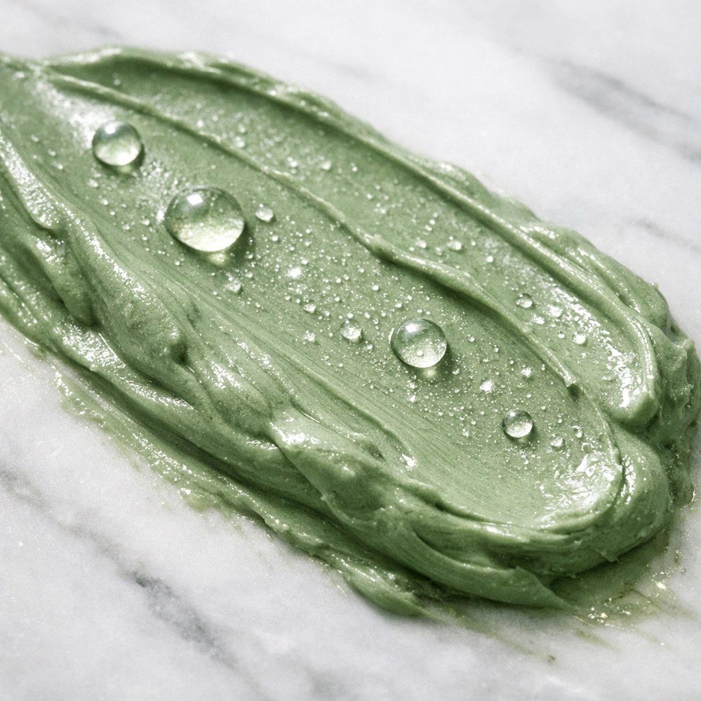 Creamy green clay texture with minerals on marble for soothing and hydrating dry skin.