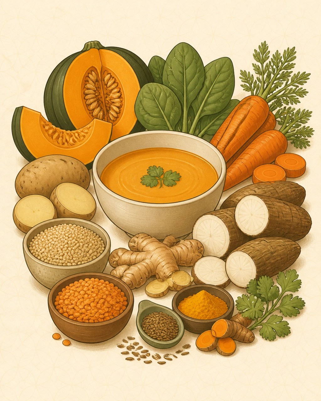 Ingredientes colombianos para una cena ayurvédica: ahuyama, zanahoria, espinaca, papa, yuca, quinoa, lentejas, jengibre, cúrcuma y cilantro