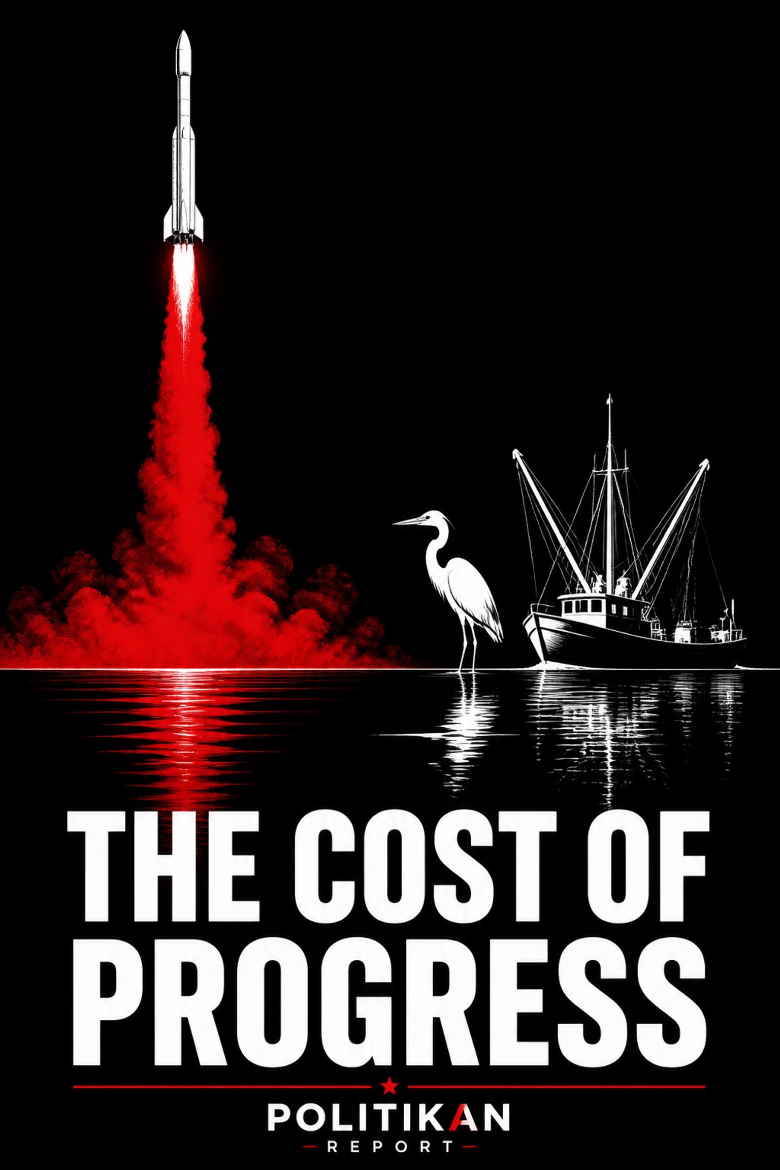 A rocket ship launch alongside coastal nature reflecting the environmental cost of progress.