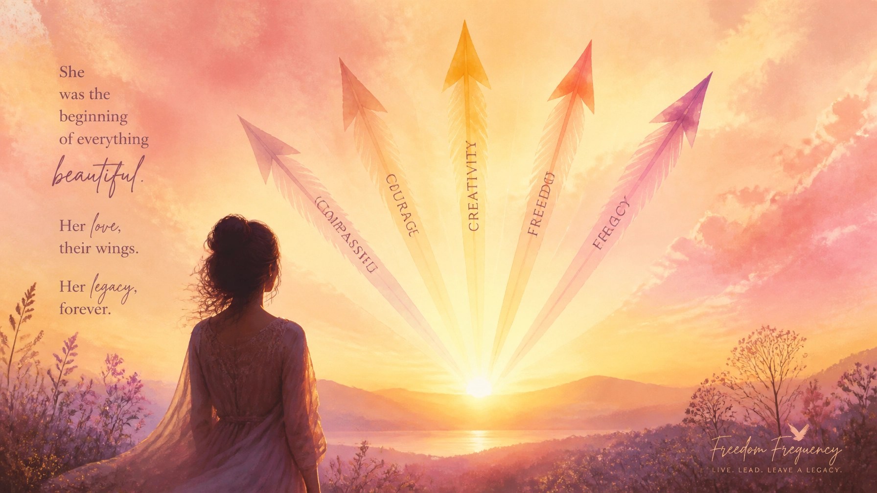 Five stylized arrows fanning upwards against a sunrise watercolor background of gold and pink.