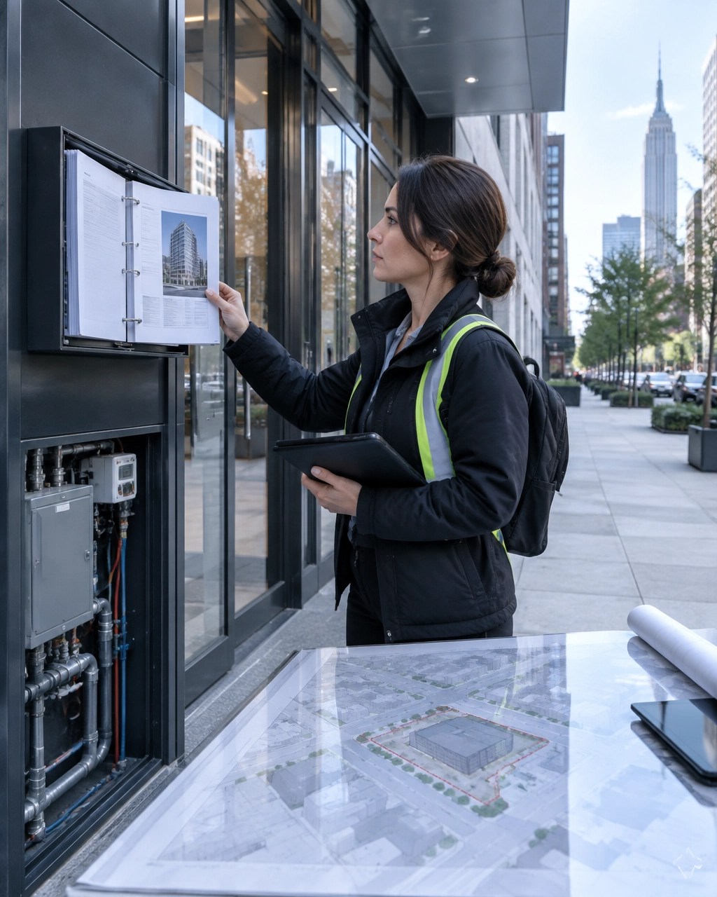 Professional consultant inspecting a completed NYC building and compliance records that continue through the certificate of occupancy