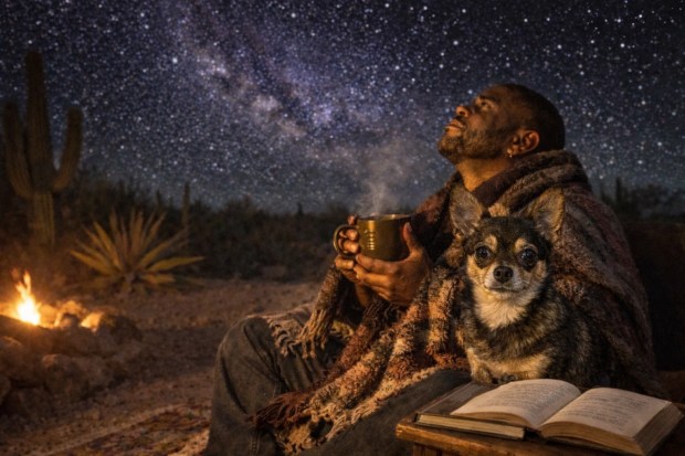 Man of color stargazing in the desert with African Kahawa coffee, poetry books, and his chihuahua Ethel Mertz.