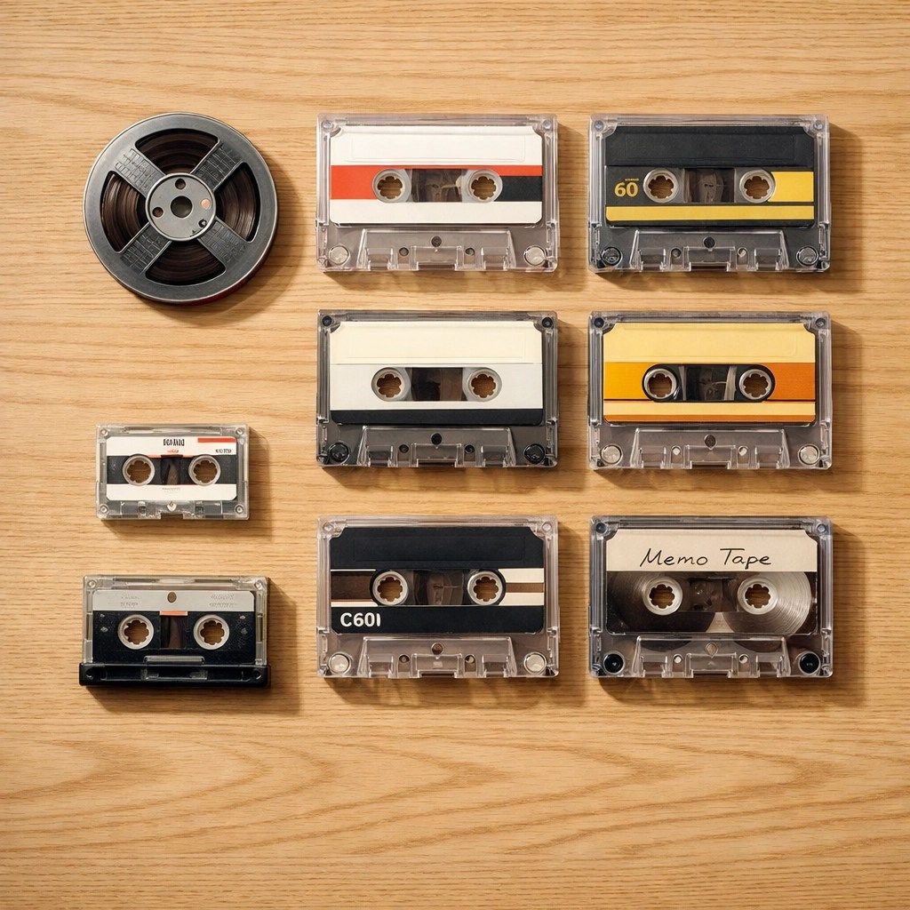 A collection of reel-to-reel and audio cassettes prepared for professional audio transfers and preservation.