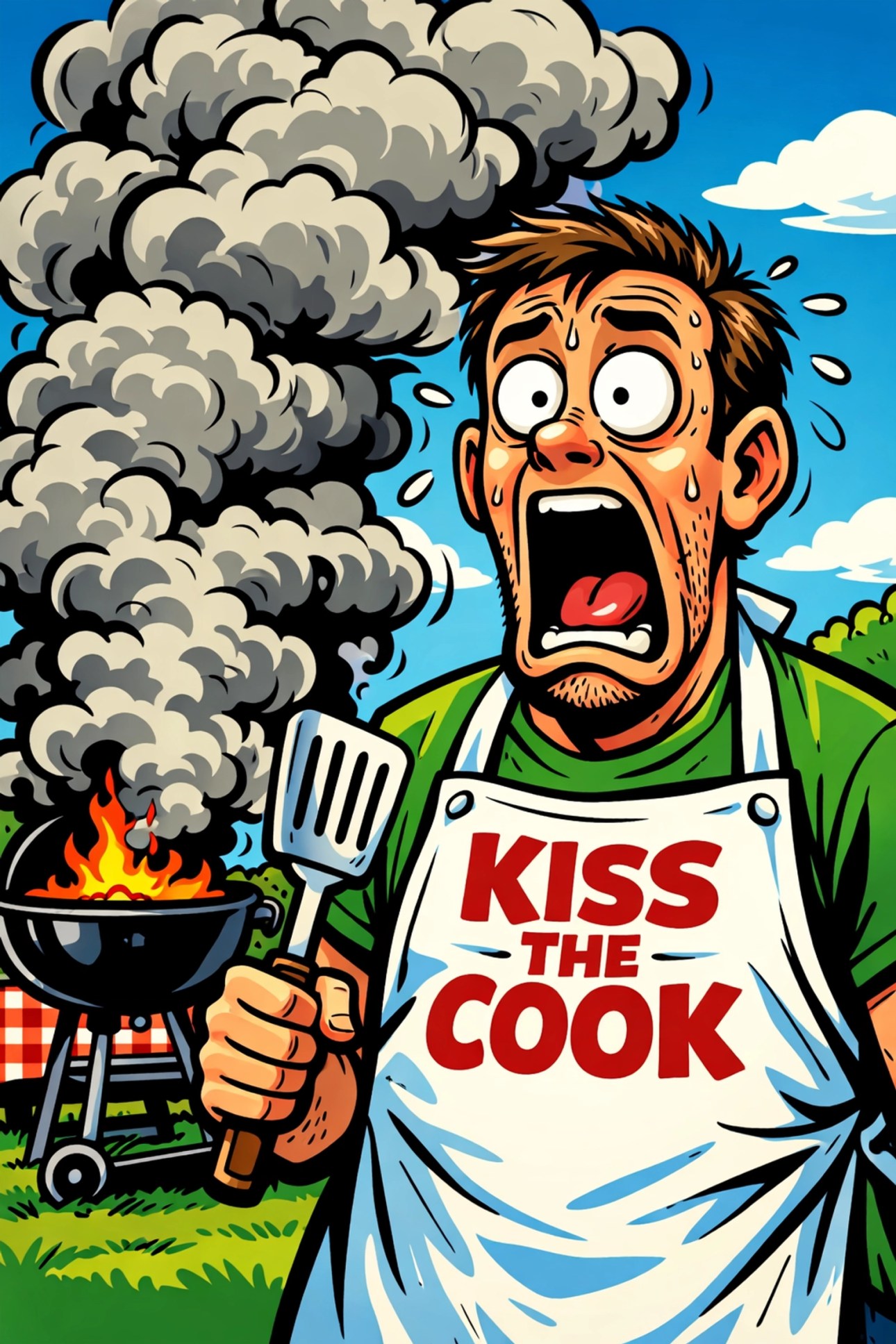 Shocked dad at a family BBQ reacting to offensive funny shirts.