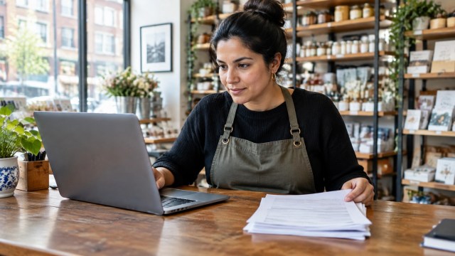 Illustrative image of a small business owner reviewing paperwork at a desk