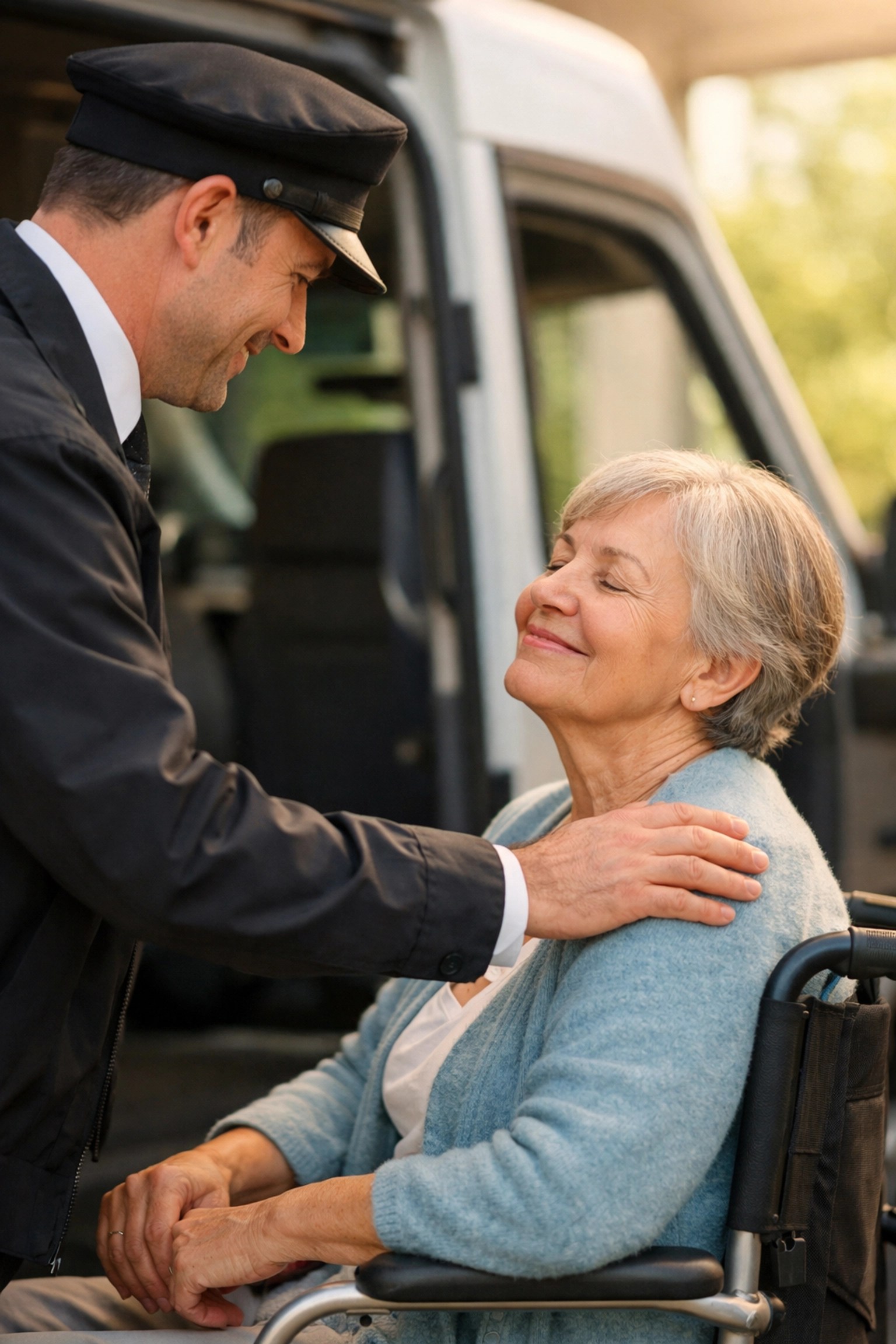 A professional NEMT driver offering assistance to a patient in a wheelchair for medical transport.