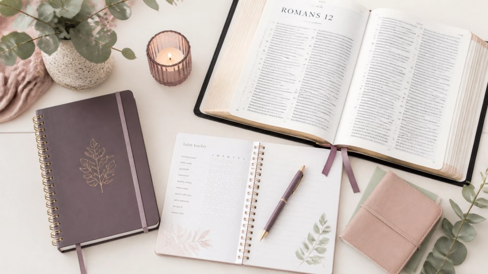 A minimalist flat-lay of faith-based planning tools including a prayer notebook, tracker, pen, and open Bible with subtle greenery, styled in a soft Spiritual Spa aesthetic with Marshmallow Cream, Deep Plum-Grey, Petal Pink, Misty Sage, and Dusty Rose accents.