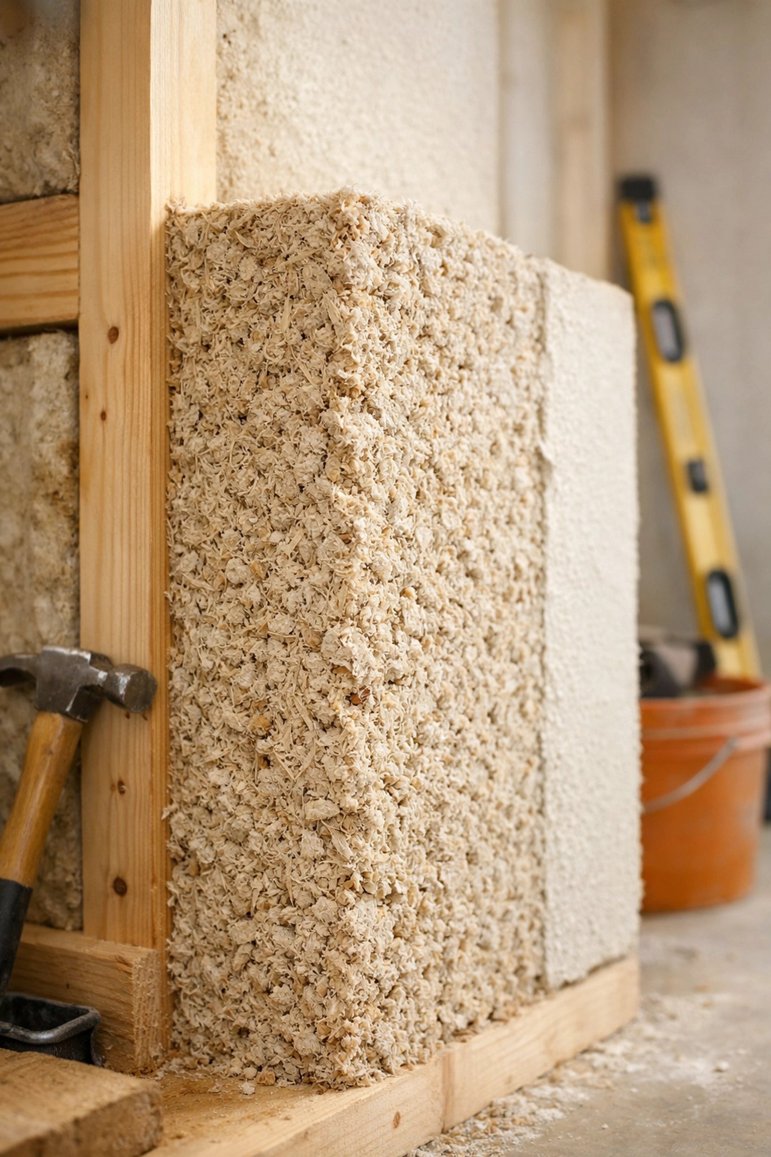Hempcrete wall installation showing lightweight building material texture in custom home construction