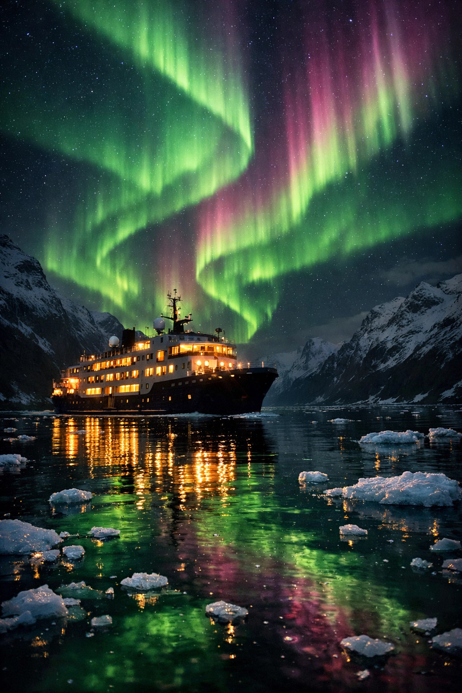 Vibrant Northern Lights swirling above an expedition ship in remote, dark-sky waters.