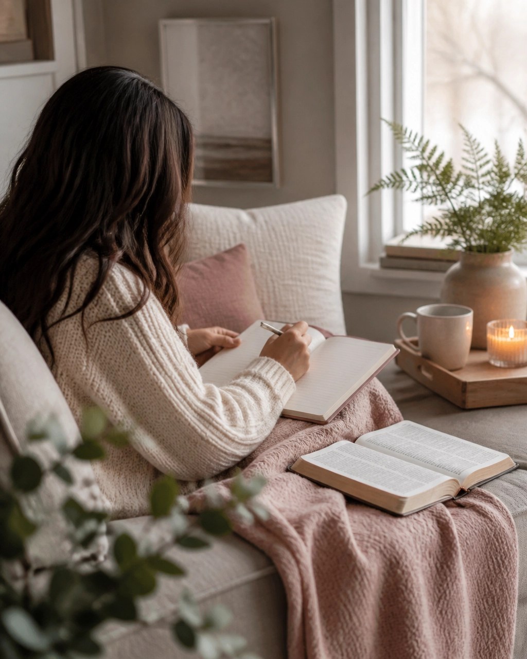 Creating a Sanctuary: Setting Up Your Quiet Space Without Pressure 5 A woman writing honestly in a prayer journal beside an open Bible in a warm, peaceful home corner