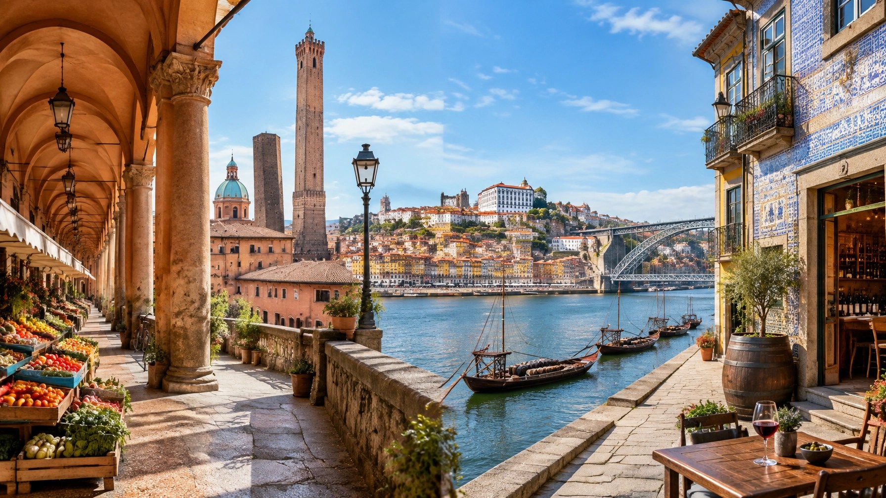 Bologna porticoes blending into Porto's Douro riverfront and tiled façades