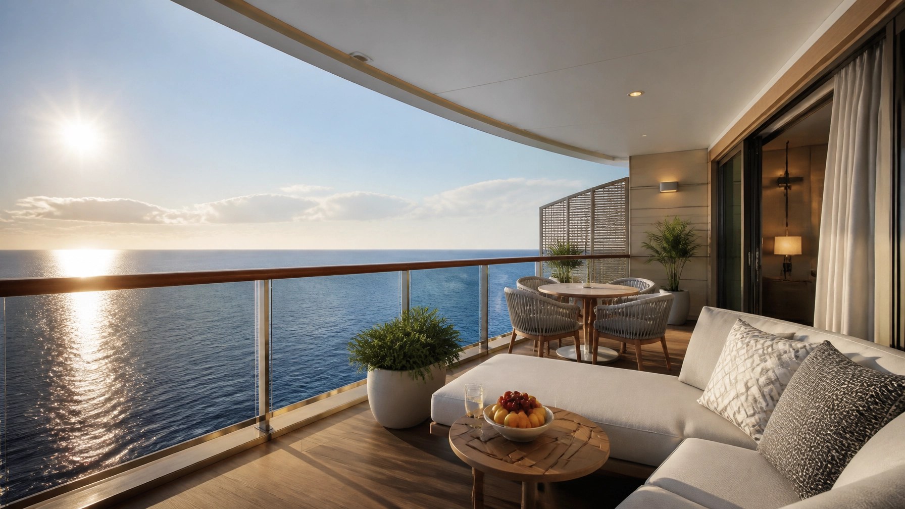 Private cruise ship balcony overlooking ocean
