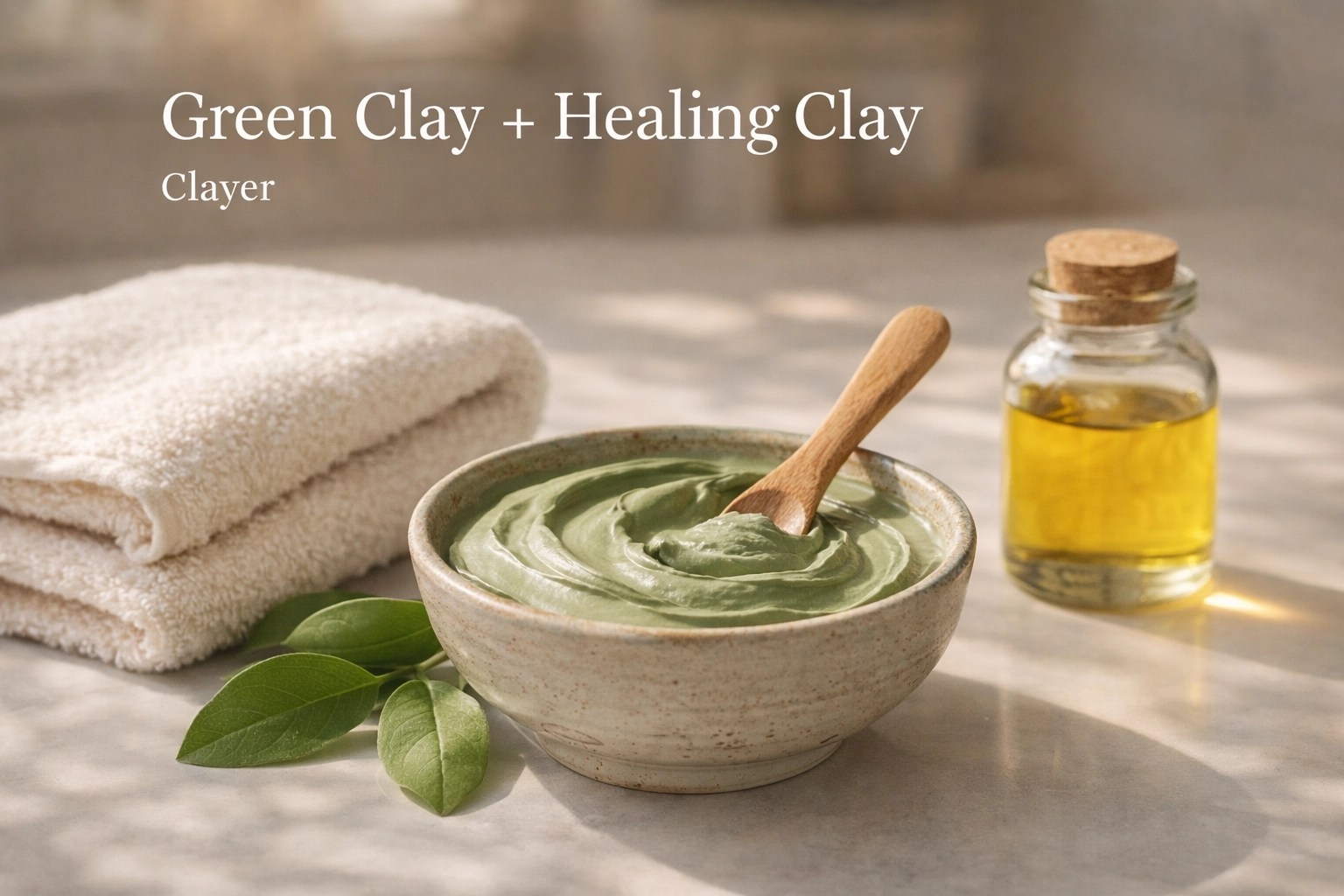 Green clay and healing clay face mask hero photo featuring an unbranded bowl of mineral clay and simple skincare setup (Clayer).