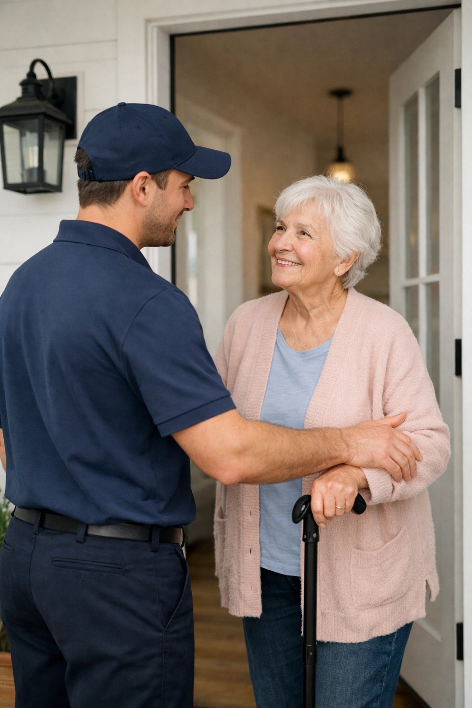 Professional door-to-door medical transportation assistance for a senior patient in a rural setting.