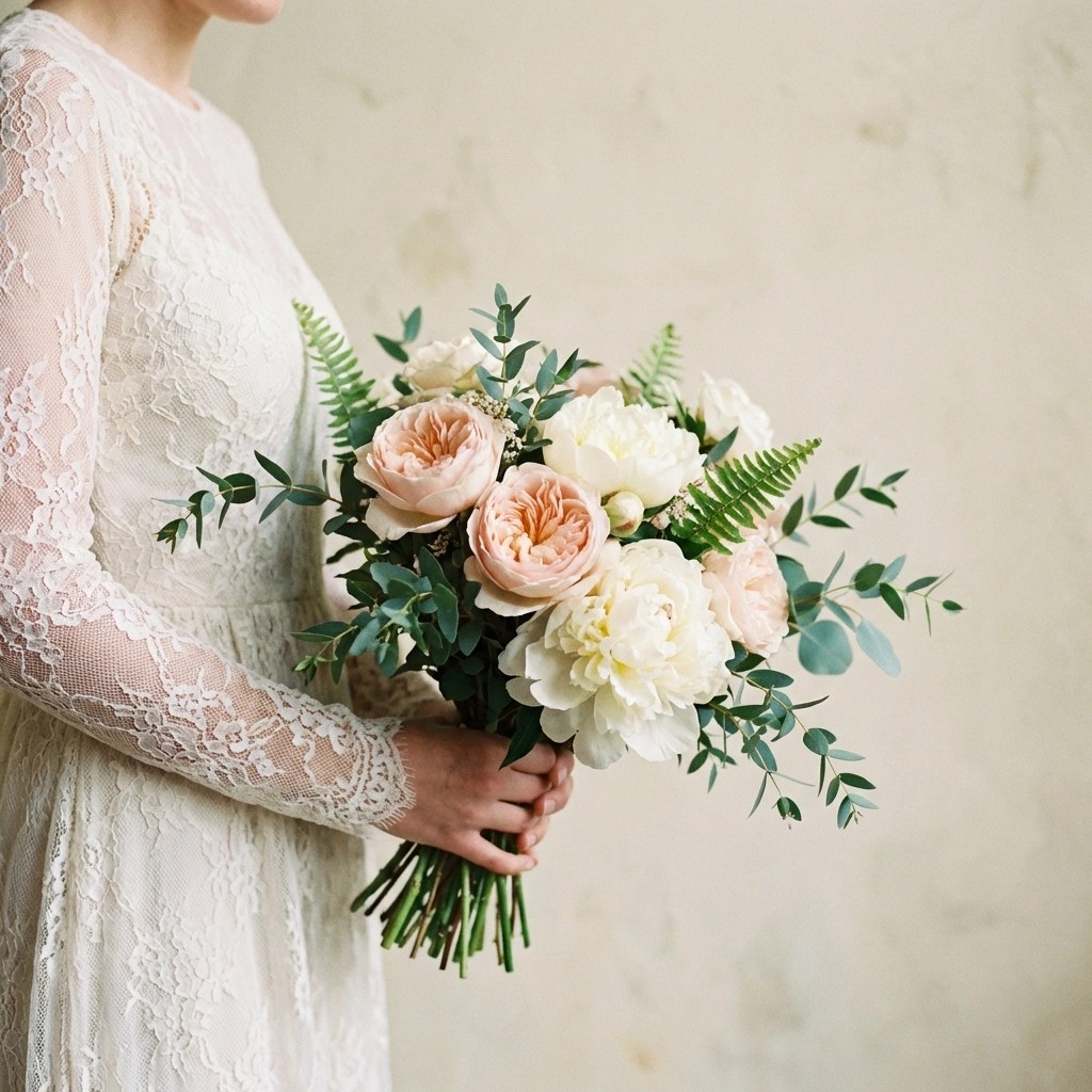 Bride holding a lush bouquet of roses and peonies, showcasing typical Kent wedding flowers and decor expenses for 2026.