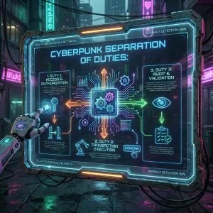 Cyberpunk interface displaying separation of duties and automated audit pillars