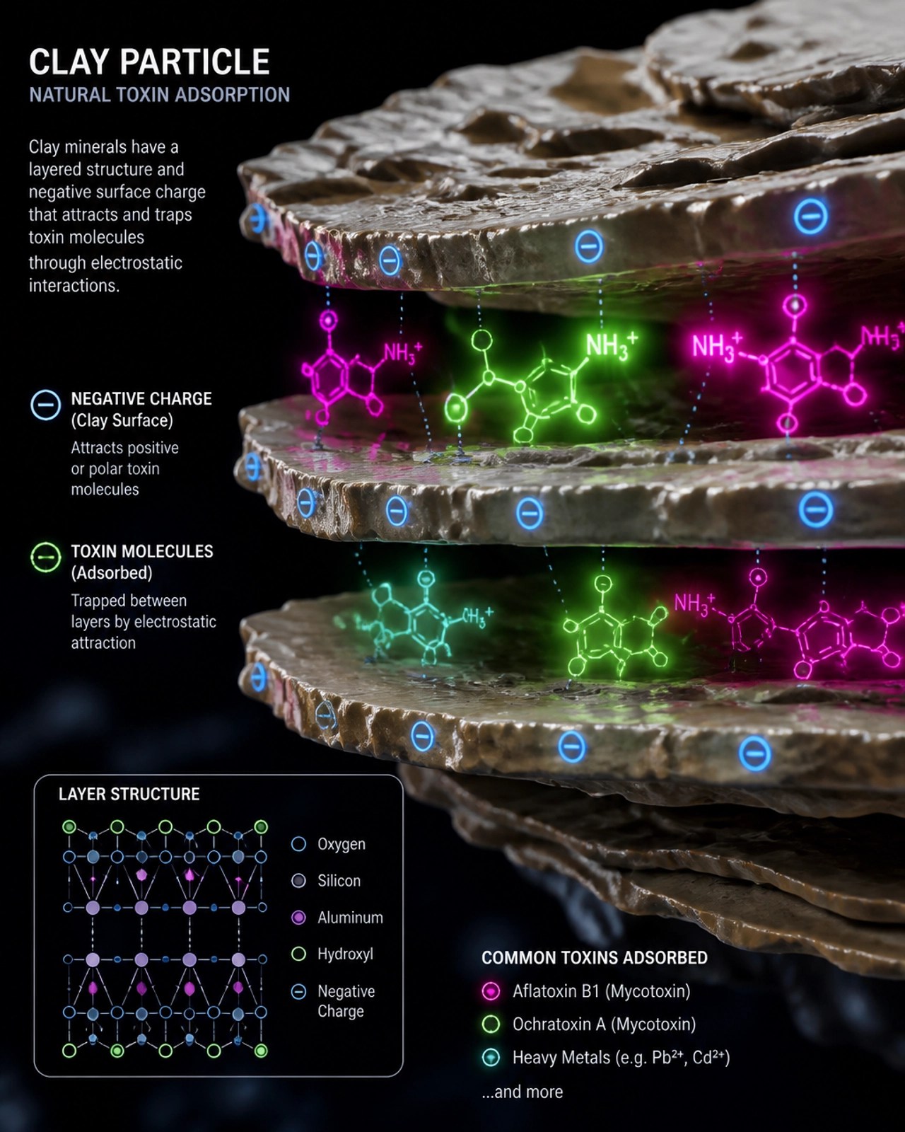 Microscopic scientific visualization of clay particles trapping toxins