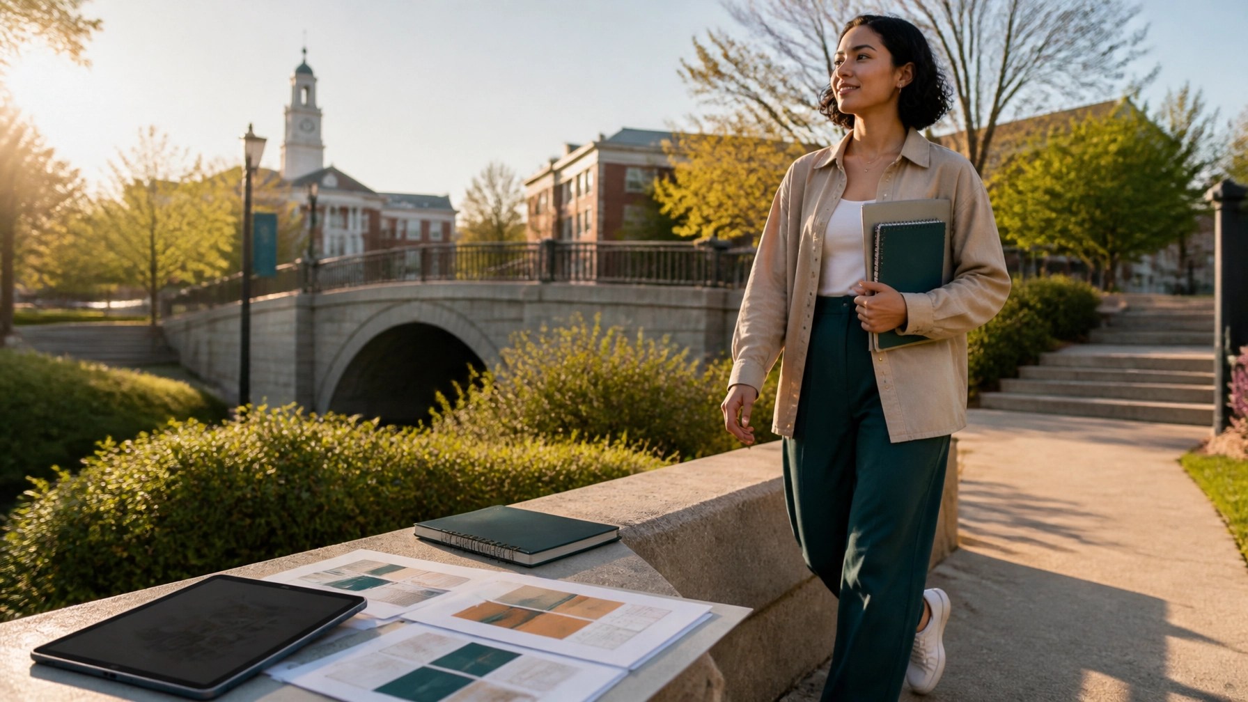 A confident adult student walking along a sunlit campus pathway with a physical portfolio and notebook