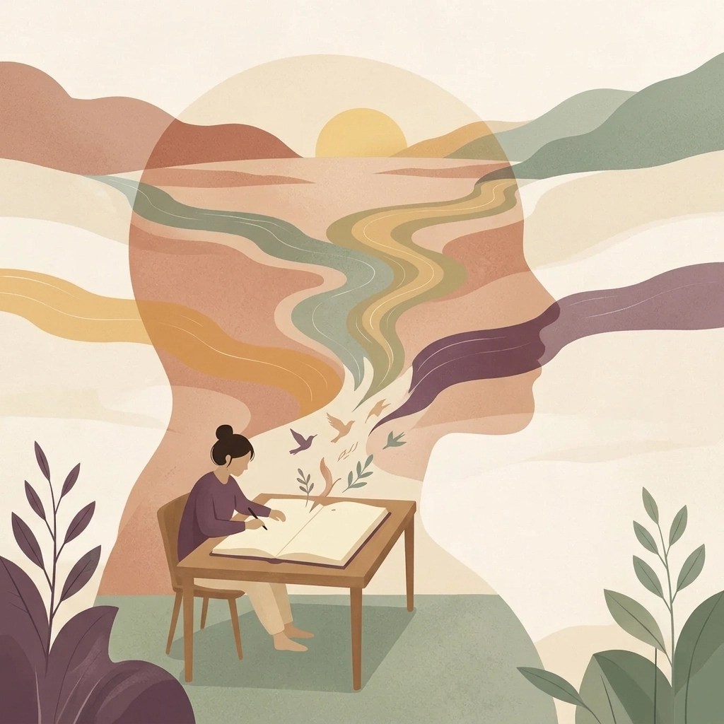 A woman writes freely as delicate bird-like shapes rise gently from the page