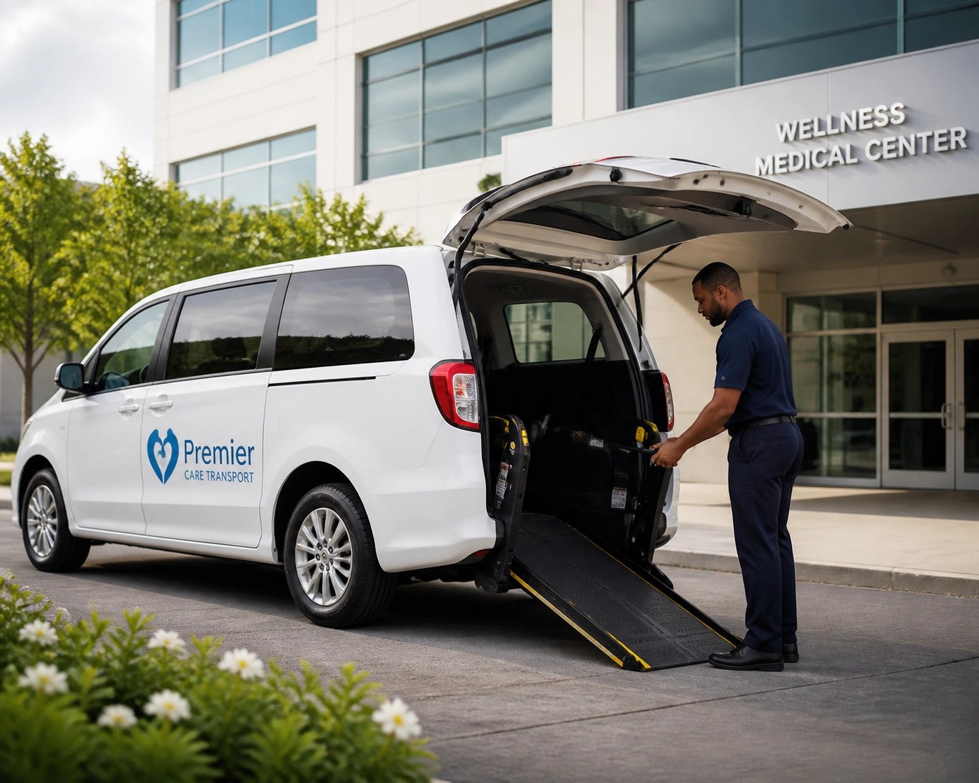 Professional medical transport driver preparing a specialized vehicle for dialysis patient pickup.