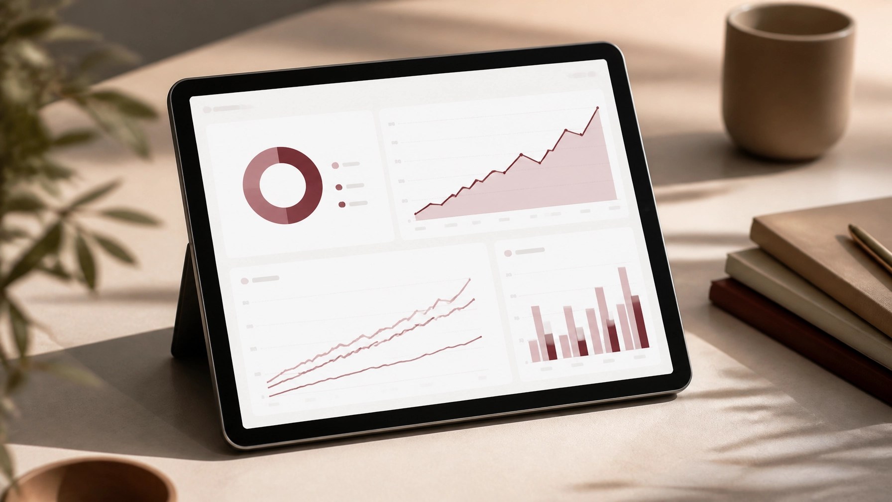 A close-up, high-quality photograph of a tablet displaying a clean, professional revenue dashboard with upward-trending lines. The lighting is natural and warm, emphasizing clarity and results.