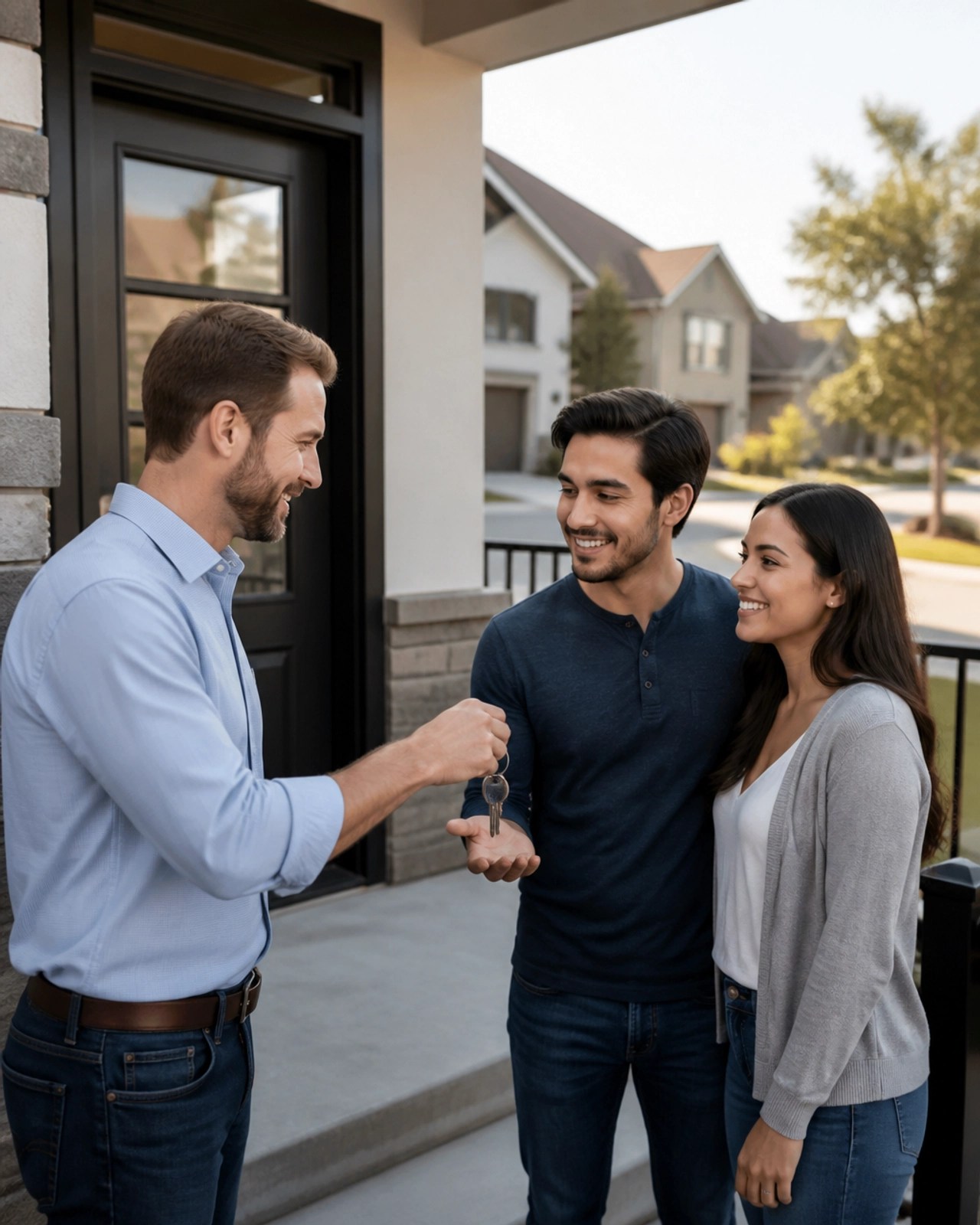 A friendly landlord handing keys to new tenants at a Texas rental property.