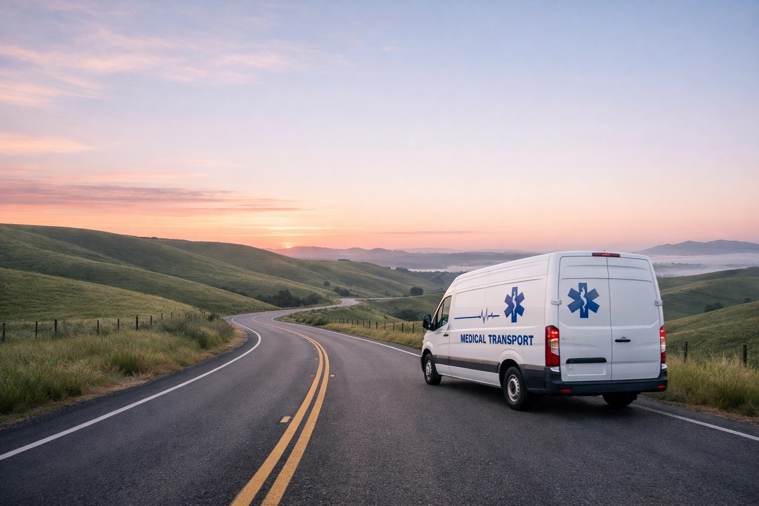 A medical transport van driving on a remote rural road to provide healthcare access at sunrise.