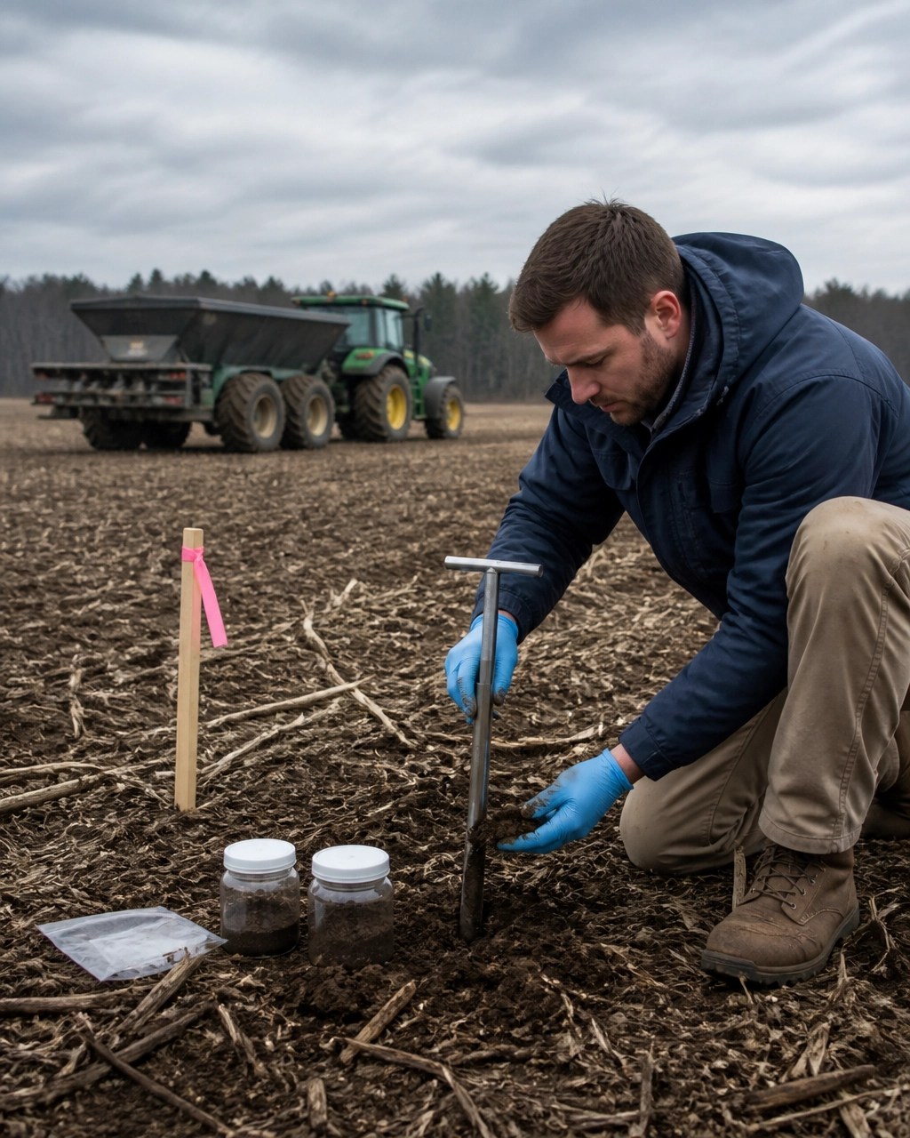 Soil scientist collecting a receiving-soil sample beside a permitted agricultural biosolids application field