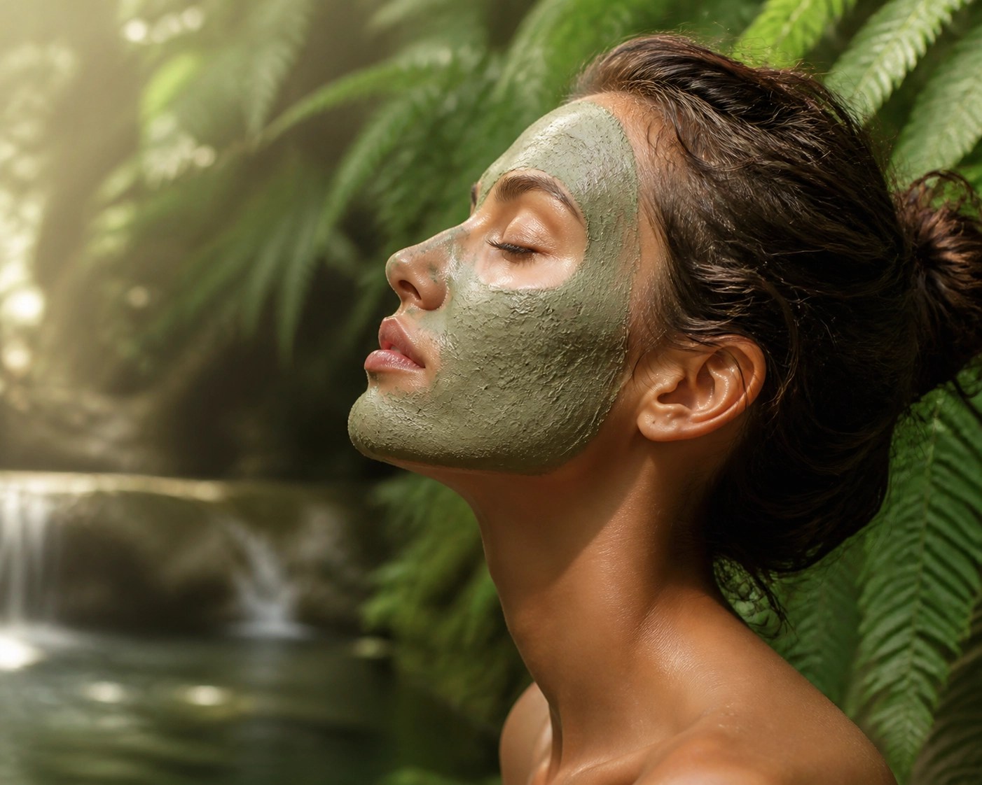 A person wearing a textured green clay face mask for natural skin detox and healing.
