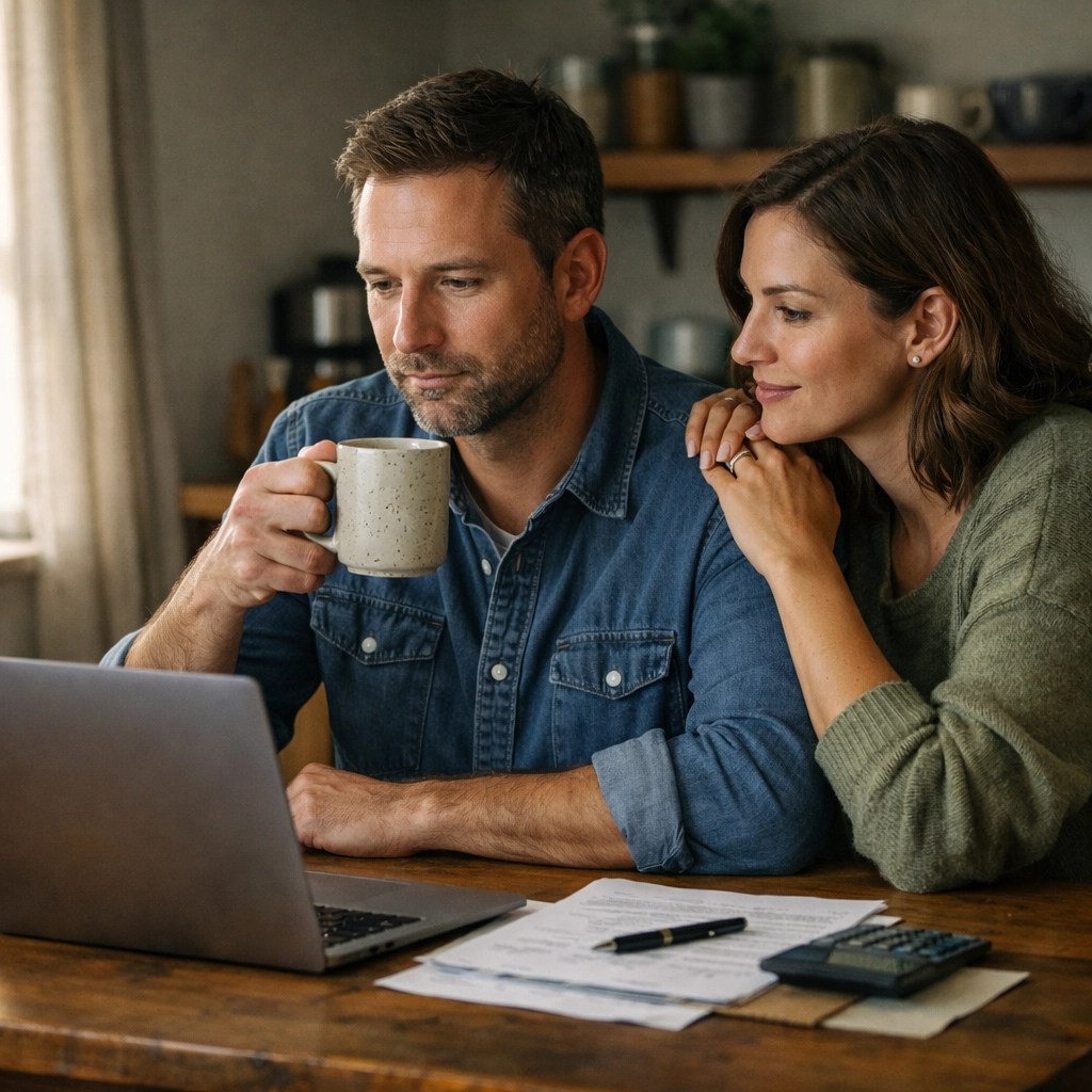 A couple reviewing financial documents to balance debt payoff and retirement savings at home.