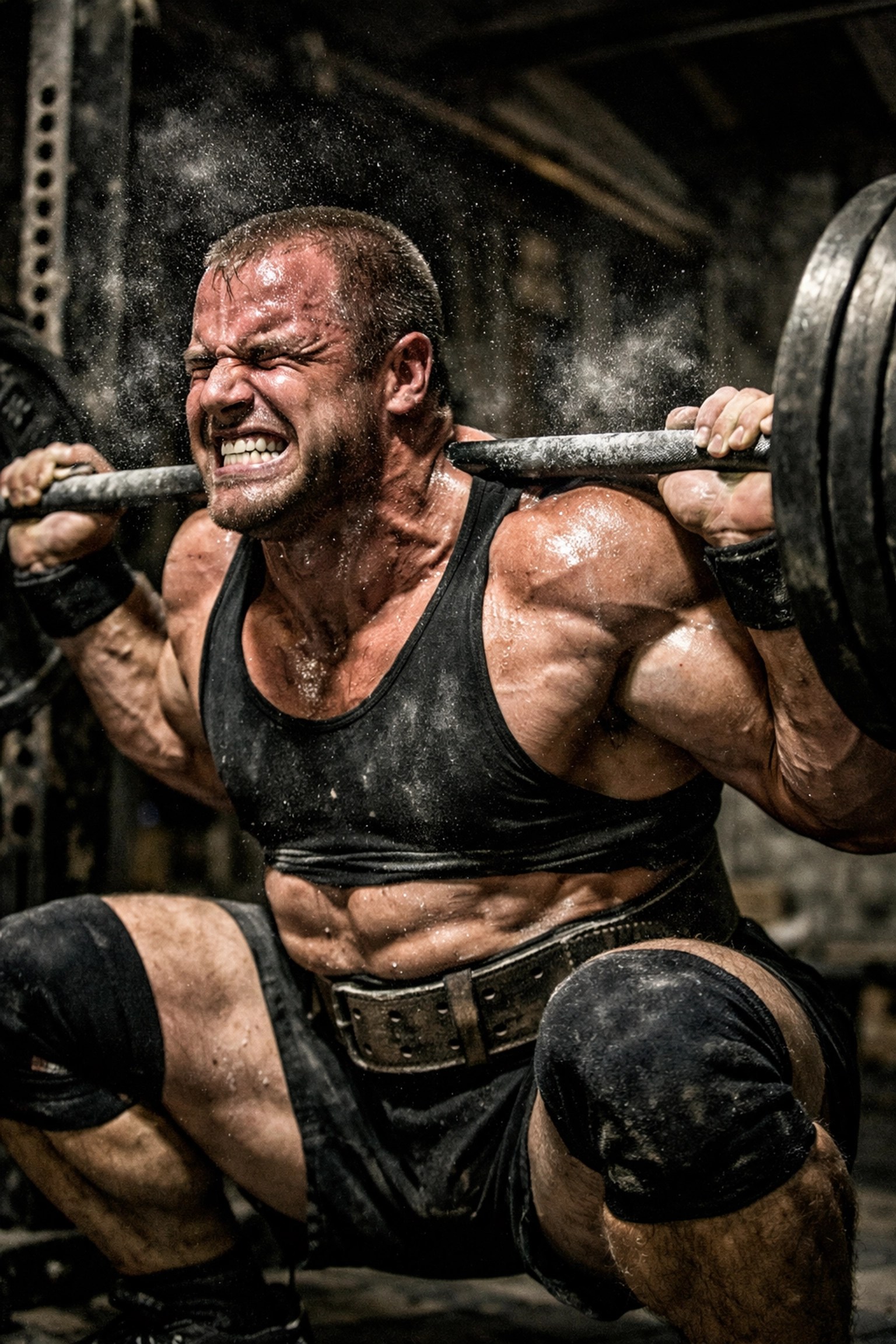 Athlete performing a heavy back squat to build core strength and abs through intense intra-abdominal bracing.