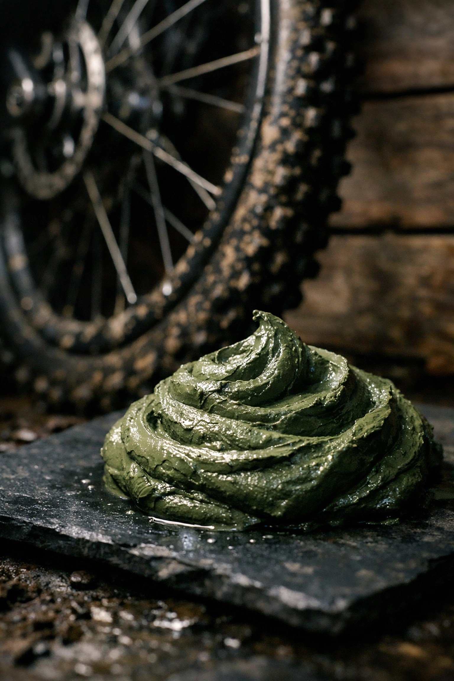 Natural French green clay for mountain bike recovery next to a professional cycle wheel.
