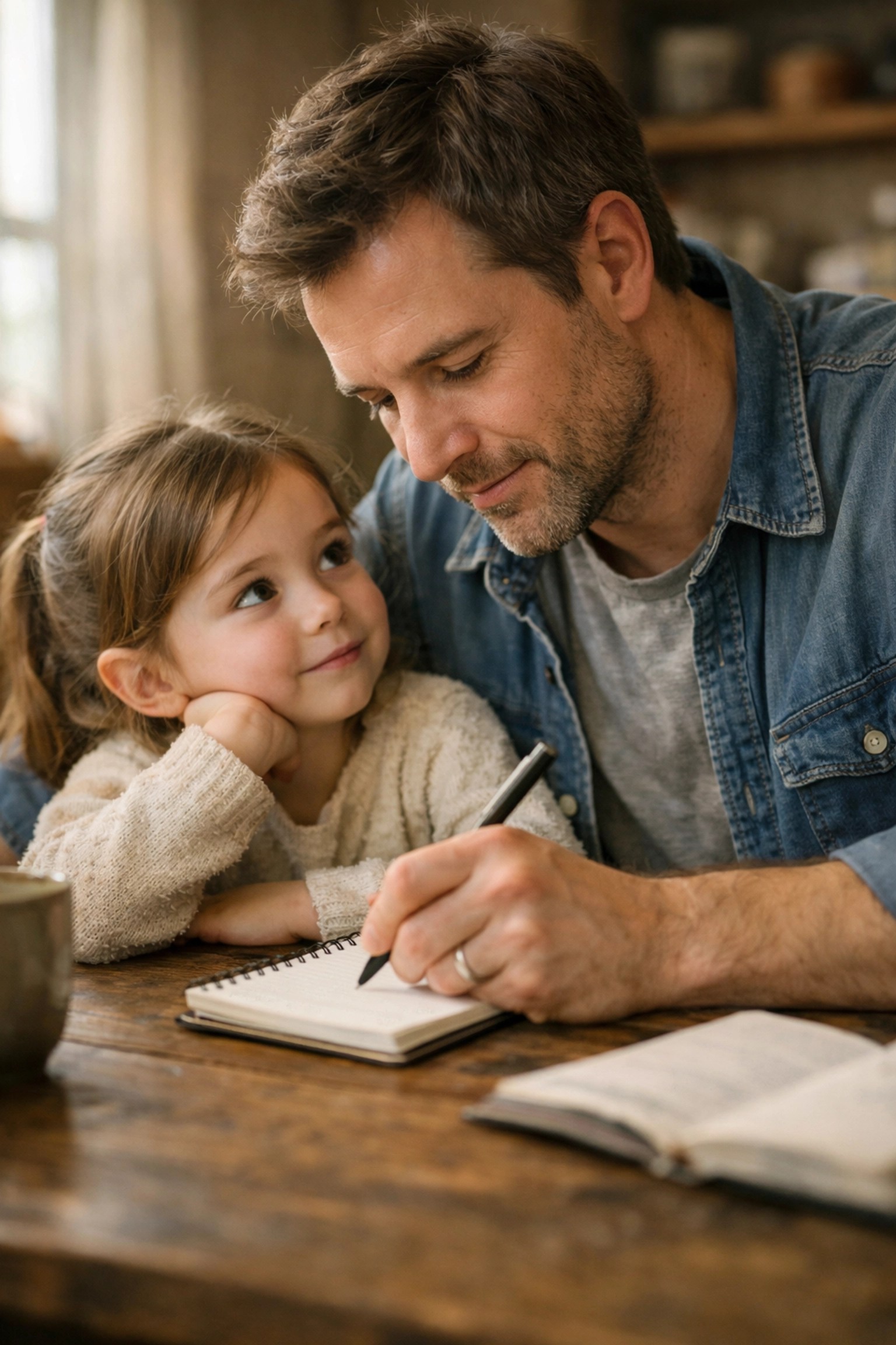 A father and daughter planning their future, calculating how much term life insurance they need.