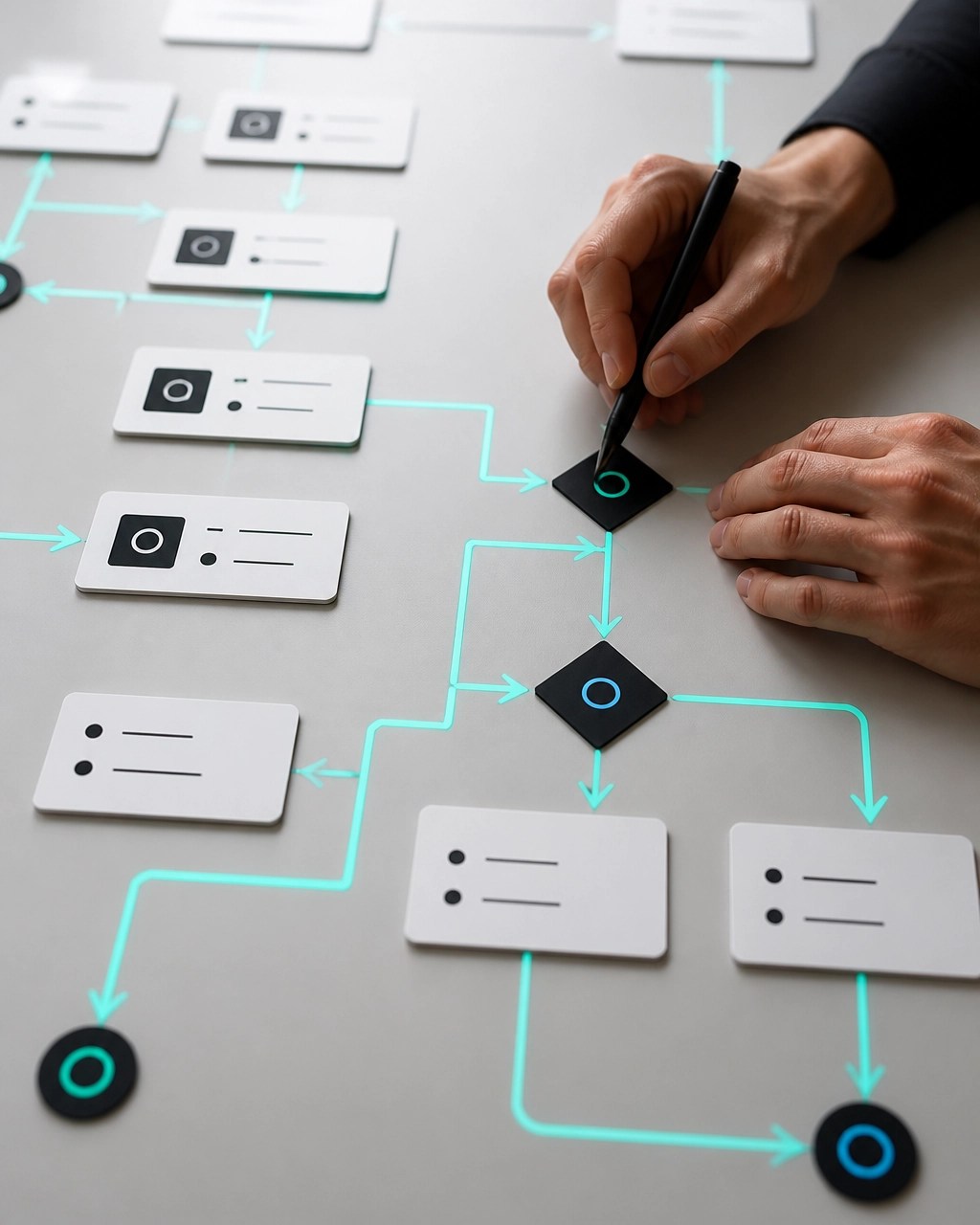 Precise workflow map with connected process nodes and a clearly marked decision point