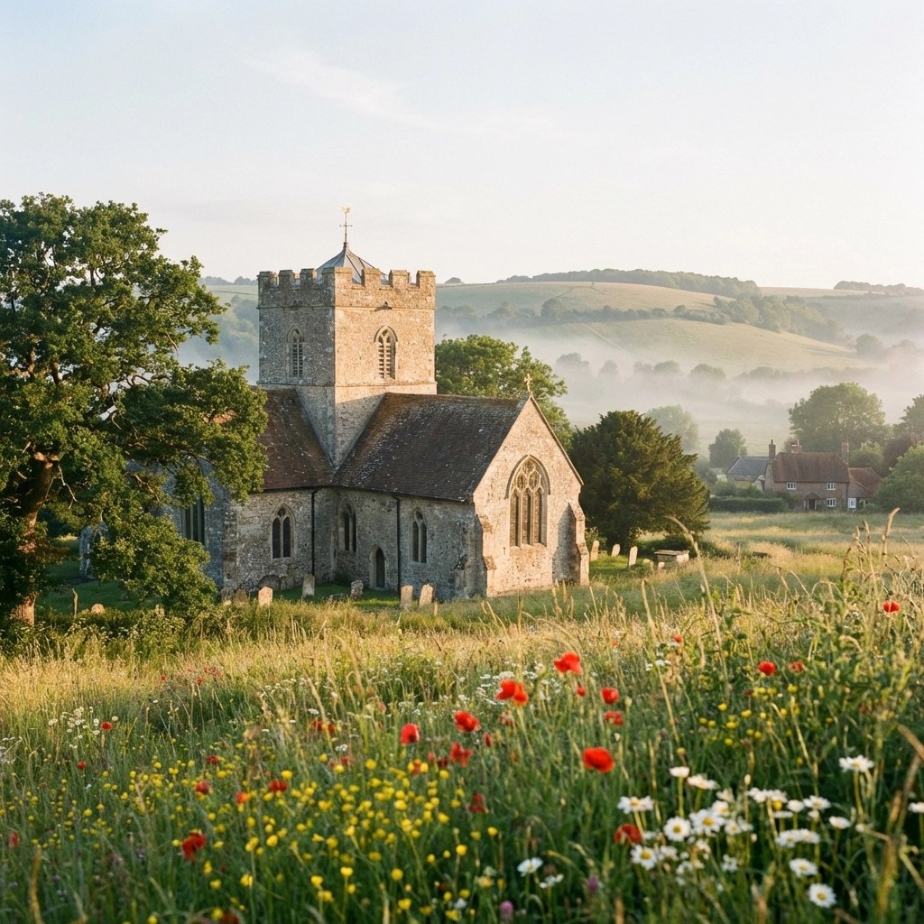 Medieval stone church in Kent countryside at sunset, illustrating unique historic wedding venues.