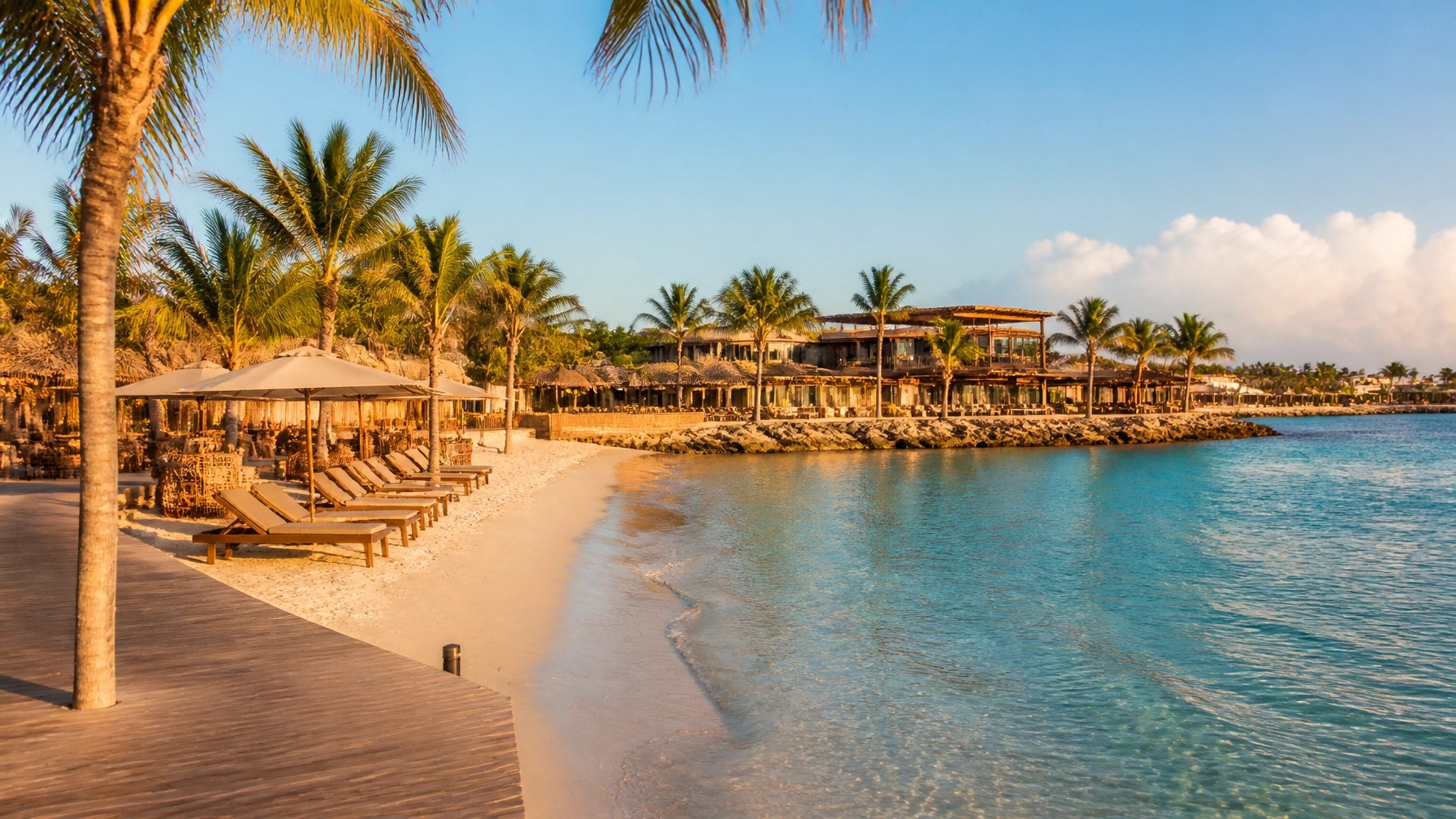 Mambo Beach in Curaçao with calm turquoise water, pale sand, palms, and an empty upscale beach club setting